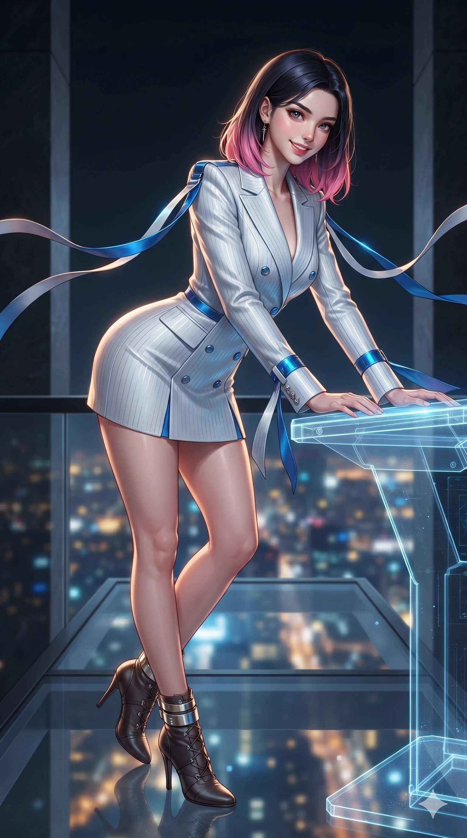 score_9, masterpiece, best quality, ultra-detailed, high-budget anime keyframe, editorial fashion photography, tasteful artistic composition, Korean woman. close-up cowboy shot from the waist and thighs up, the character dominates the composition, filling the frame with her large presence. leaning forward over the holographic console while arching her lower back to accentuate her curvy hips, looking into the camera with an intoxicating smoldering bedroom-gaze while standing poised at the center of the glass span, arching her lower back with sovereign supermodel grace as high-altitude winds flutter her tactical ribbons. The background shows a soft-focus soaring minimalist black stone monolith towers, suspended skybridge cables, and endless sprawling metropolis lights thousands of meters below blurred into gold, azure, and charcoal bokeh. She has an exceptionally elegant, slender, and willowy female figure with an ultra-slim waist, flat toned midriff, narrow ribcage, and sculpted feminine hips creating an alluring, slim hourglass silhouette without bulk. sharp v-shaped jawline, high-bridge nose, intricate jewel-like sparkling eyes with depth, thick eyelashes, glossy parted lips with a natural sheen, bright confident smile with an enchanting and coquettish sensual glint, exuding both youthful magnetic charm and sovereign high-tech allure, flawlessly proportioned anatomical accuracy, strict slender model proportions, natural body alignment, perfectly sculpted long slender limbs, ultra-slim waistline, clean dynamic posture without body distortion. wearing a tailored double-breasted cyber-operative blazer dress with subtle metallic pin-stripes and structured lapels in arctic snowflake white and electric plasma blue, crafted from lightweight aerodynamic matte carbon-fiber weave with structural stiffness, complemented by strappy stiletto combat boots with metallic ankle wraps accentuating her slender calves, the bespoke structured tailoring following the natural line of her 8.5-heads silhouette with refined elegance. illuminated by glass floor bounce and sharp azure-gold rim lights defining her razor-sharp jawline, narrow waist, and curvy hips. ultra-reflective glossy finish, specular highlights, rich textural contrasts, high-contrast stereoscopic depth, volumetric dynamic lighting, 2k, ultra detail, master piece, 9:16 ratio