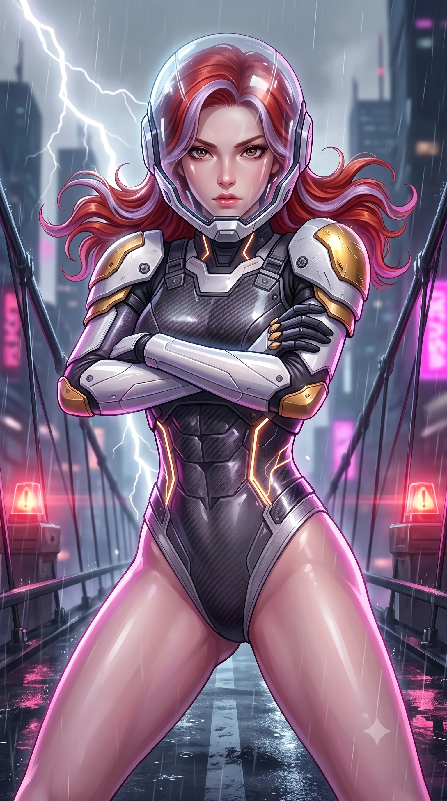 score_9, masterpiece, best quality, ultra-detailed, high-budget anime keyframe, semi-realistic 3D game render, editorial fashion photography, tasteful artistic composition, Caucasian woman. close-up cowboy shot from the waist and thighs up, the character dominates the composition, filling the frame with her large presence. shifting into a low cat-stance with arms crossed defensively, glowing energy conduits tracing her ultra-slim waist and sculpted clavicle while striding commanding across the wet suspension cables with sovereign balance and supreme athletic poise. The composition keeps background elements in soft focus with creamy bokeh. skybridge suspension cables and flashing warning beacons softened in dramatic shallow focus. She has an exceptionally elegant, slender, and willowy female figure with an ultra-slim waist, a gracefully sculpted slender torso, toned flat midriff, and a refined slim silhouette. sharp v-shaped jawline, high-bridge nose, intricate jewel-like eyes with depth, thick eyelashes, glossy lips with a natural sheen, fierce and resolute heroine expression, flawlessly proportioned anatomical accuracy, strict slender model proportions, natural body alignment, perfectly sculpted long slender limbs, ultra-slim waistline, clean dynamic posture without body distortion. wearing a crystal-clear transparent armored riot-visor helmet showing her entire beautiful face and determined expression with pristine clarity, paired with a heavy modular carbon-fiber combat cuirass paired with a second-skin tactical leotard and reinforced titanium shoulder pauldrons in arctic white carbon composite with scratched solar gold armor plating, crafted from semi-translucent cybernetic carbon-vinyl interwoven with glowing micro-filaments, complemented by criss-cross back harness straps highlighting her completely bare spine, the liquid-tight tailored fabric emphasizing every curve of her tall, slender model proportions and sculptured silhouette during dynamic movement. bathed in dramatic white lightning flashes and glowing magenta city neon ambient bounce. rich saturated anime colors with glowing neon highlights, detailed shading with soft gradients, rich glossy textures, high-contrast stereoscopic depth, volumetric dynamic lighting, master piece, 9:16 ratio