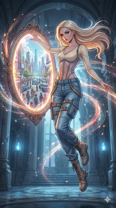 score_9, masterpiece, best quality, ultra-detailed, high-budget anime movie keyframe, cinematic anime lighting, intricate line art, Japanese woman. Mid-air action shot capturing a graceful twist and vertical silhouette. manipulating the reflections i