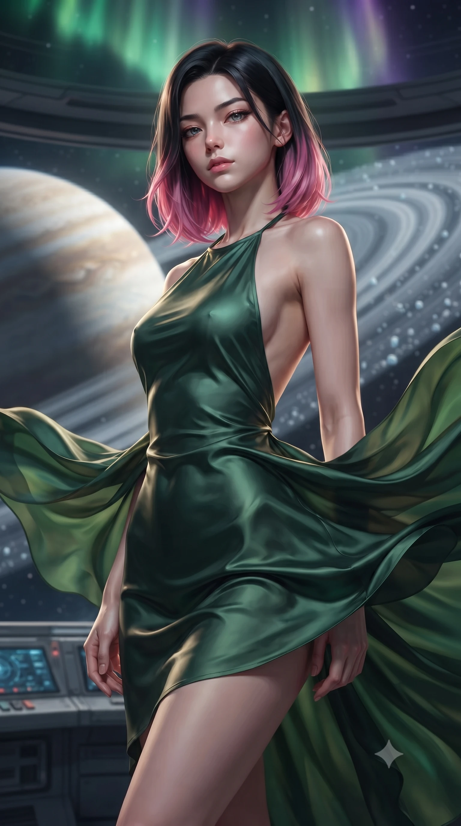 score_9, masterpiece, best quality, ultra-detailed, high-budget anime keyframe, editorial fashion photography, tasteful artistic composition, realistic cosplay photography, Korean woman. close-up cowboy shot from the waist and thighs up, the character dominates the composition, filling the frame with her large presence, background elements kept in soft focus. Standing proud on the bridge, looking down at the viewer with quiet authority and a cold composure. set against a soft-focus background of crossing the planetary rings of a giant planet, millions of small ice particles reflecting the distant sun like a silver road. She has an exceptionally elegant and slender, willowy female figure with an ultra-slim waist, a gracefully sculpted slender torso, and a refined slim physique. sharp v-shaped jawline, high-bridge nose, intricate jewel-like eyes with depth, thick eyelashes, glossy lips with a natural sheen. wearing the lightweight fabric rippling and billowing dramatically with her movement, a body-hugging backless halter-neck silk dress in deep forest green, flowing elegantly along her slender figure. illuminated by a shifting aurora palette of green violet and gold from above. ultra-reflective glossy finish, specular highlights, metallic sheen, high-contrast stereoscopic depth, volumetric dynamic lighting, 2k, ultra detail, master piece, 9:16 ratio