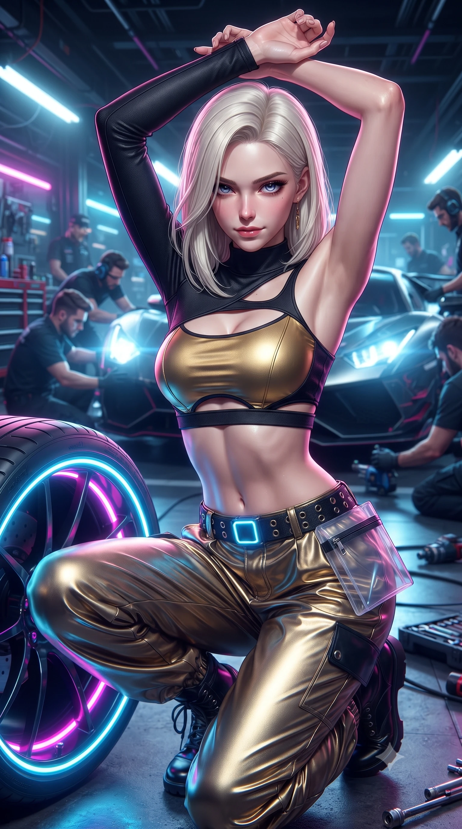 score_9, masterpiece, best quality, ultra-detailed, high-budget anime keyframe, editorial fashion photography, tasteful artistic composition, Caucasian woman. close-up cowboy shot from the waist and thighs up, the character dominates the composition, filling the frame with her large presence. arching her back languidly with arms stretching overhead, highlighting her narrow waist and feminine silhouette in pure supermodel elegance while crouching low beside a glowing neon wheel rim, one hand resting on her thigh, casting an intense, electrifying smirk. The surrounding environment is rendered in vivid detail and crisp panoramic clarity. vibrant high-contrast cyberpunk motorsport chiaroscuro and raw high-speed racing adrenaline in precision. She has an exceptionally elegant, slender, and willowy female figure with an ultra-slim waist, a gracefully sculpted slender torso, toned flat midriff, and a refined slim silhouette. sharp v-shaped jawline, high-bridge nose, intricate jewel-like eyes with depth, thick eyelashes, glossy parted lips with a natural sheen, intensely captivating and seductive expression, flawlessly proportioned anatomical accuracy, strict slender model proportions, natural body alignment, perfectly sculpted long slender limbs, ultra-slim waistline, clean dynamic posture without body distortion. wearing an asymmetric single-sleeve moto crop top paired with baggy metallic parachute trousers and grommet belt in metallic liquid gold and obsidian black, crafted from compression knit fabric sculpting her athletic hourglass lines, complemented by a neon LED belt buckle and translucent vinyl tool pouch, the precision-cut daring openings accentuating her delicate midriff, graceful bare collarbones, and ultra-slim feminine waistline. bathed in high-intensity xenon hypercar headlights and neon pitlane floodlights. ultra-reflective glossy finish, specular highlights, rich textural contrasts, high-contrast stereoscopic depth, volumetric dynamic lighting, 2k, ultra detail, master piece, 9:16 ratio