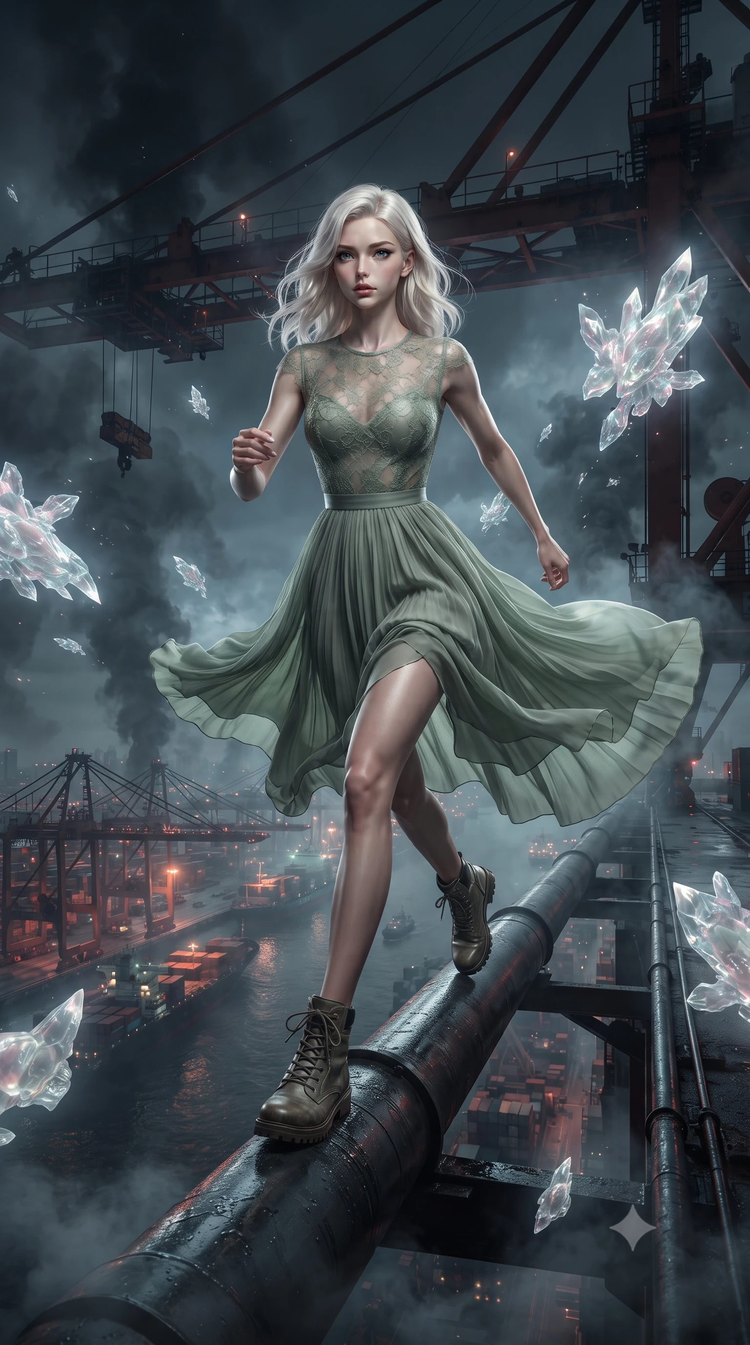 score_9, masterpiece, best quality, ultra-detailed, high-budget anime keyframe, editorial fashion photography, tasteful artistic composition, realistic cosplay photography, Caucasian woman, strictly human ears. low angle full-body shot from head to toe showing her feet, filling the entire 9:16 vertical frame with her statuesque presence, stretching her vertical silhouette. dashing forward aggressively along a narrow pipe high above the neon city grid through a high industrial crane gantry overlooking a dark, smoky harbor filled with cargo ships. She has a statuesque 8.5-heads proportion, an exceptionally tall, slender and willowy model-like build with impossibly long legs and a highly sculpted ultra-slim waist. sharp v-shaped jawline, high-bridge nose, intricate jewel-like eyes with depth, thick eyelashes, glossy lips with a natural sheen. wearing tailored for maximum mobility, sleek form-contouring panels that allow fluid movement, a form-contouring flowing midi dress in sage green featuring a sheer lace-overlay bodice and a soft pleated chiffon skirt. ethereal pearlescent light emanating from floating crystalline formations all around. ultra-reflective glossy finish, specular highlights, metallic sheen, high-contrast stereoscopic depth, volumetric dynamic lighting, 2k, ultra detail, master piece, 9:16 ratio