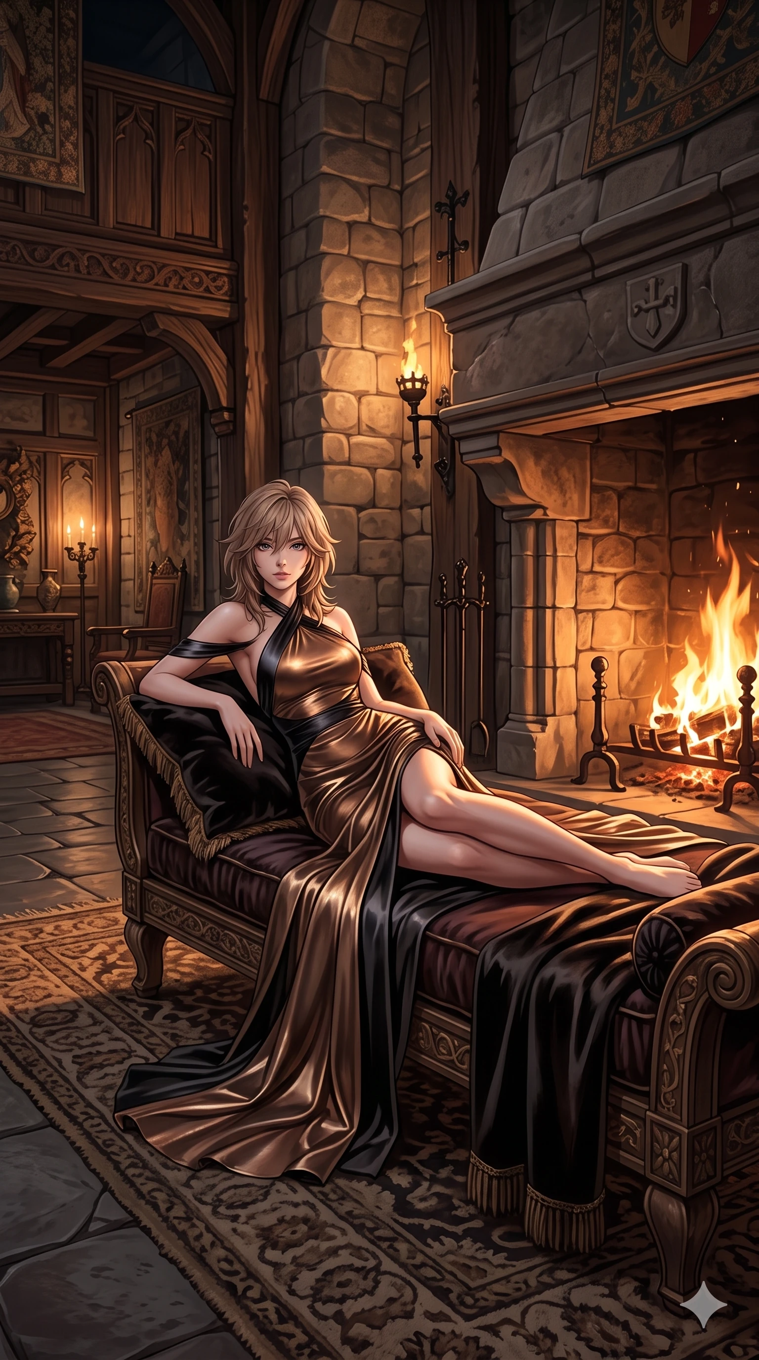 score_9, masterpiece, best quality, ultra-detailed, high-budget anime keyframe, semi-realistic 3D game render, editorial fashion photography, tasteful artistic composition, Japanese woman. low angle full-body shot from head to toe showing her feet, filling the entire 9:16 vertical frame with her statuesque presence, stretching her vertical silhouette. lounging on the lavish daybed with legs crossed and hips angled toward the camera, displaying her toned midriff and long slender limbs with effortless siren poise while twisting her slender torso in an alluring contrapposto stance, flickering amber firelight wrapping around her flat midriff and hourglass curves. The surrounding environment is rendered in vivid detail and crisp panoramic clarity: sharp rough-hewn stone fireplace masonry, glowing embers and flame tongues, and carved medieval timber details in deep focus. She has an exceptionally tall and slender model-like 8.5-heads proportion, an ultra-slim waist, a flat toned midriff, narrow delicate ribcage, and beautifully sculpted feminine hips creating a graceful, slim hourglass silhouette without any bulky heaviness, with impossibly long slender legs. sharp v-shaped jawline, high-bridge nose, intricate jewel-like eyes with depth, thick eyelashes, glossy parted lips with a natural sheen, intensely captivating and seductive bedroom-eyes expression, flawlessly proportioned anatomical accuracy, strict slender model proportions, natural body alignment, perfectly sculpted long slender limbs, ultra-slim waistline, clean dynamic posture without body distortion. wearing an open-back halterneck gala gown in liquid bronze jersey that drapes gracefully along her slender spine in dark onyx black and molten platinum, tailored from high-gloss patent leather with mirror-like specular highlights, finished with criss-cross back satin straps highlighting her graceful shoulder blades, the liquid-tight tailored fabric clinging flawlessly to her narrow waist and rounded feminine hips, emphasizing every millimeter of her sculpted slim hourglass curves without any bulky heaviness. illuminated by dynamic warm 2000K roaring firelight casting deep sculpted shadows and radiant amber rim lights across her body. highly saturated vibrant anime colors, detailed shading with soft gradients, rich glossy textures, high-contrast stereoscopic depth, volumetric dynamic lighting, master piece, 9:16 ratio
