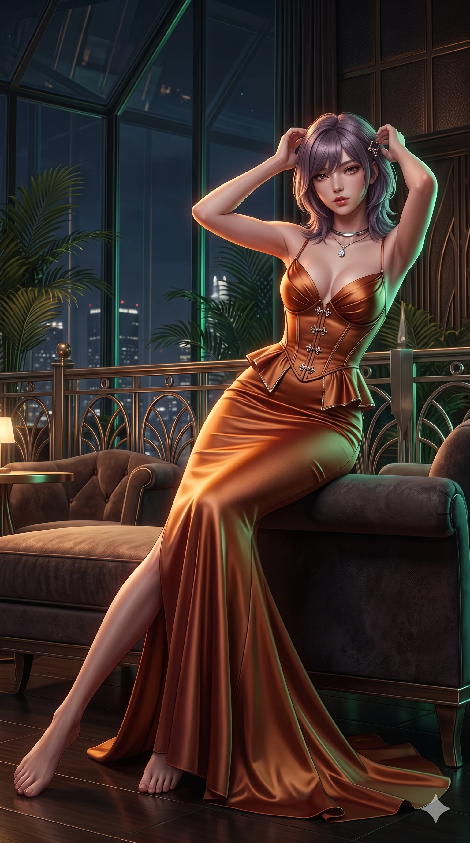 score_9, masterpiece, best quality, ultra-detailed, high-budget anime keyframe, semi-realistic 3D game render, editorial fashion photography, tasteful artistic composition, Japanese woman. low angle full-body shot from head to toe showing her feet, filling the entire 9:16 vertical frame with her statuesque presence, stretching her vertical silhouette. reclining gracefully across the plush chaise lounge with one leg extended, her sculpted silhouette and flat midriff radiating magnetic nocturnal glamour while standing poised at the solarium entrance, arching her lower back with sovereign supermodel grace while adjusting her jeweled hair clasp. The surrounding environment is rendered in vivid detail and crisp panoramic clarity: detailed peplum corset dress tailoring, jeweled clasp closures, and luxury VIP club interior in razor-sharp clarity. She has an exceptionally tall and slender model-like 8.5-heads proportion, an ultra-slim waist, a flat toned midriff, narrow delicate ribcage, and beautifully sculpted feminine hips creating a graceful, slim hourglass silhouette without any bulky heaviness, with impossibly long slender legs. sharp v-shaped jawline, high-bridge nose, intricate jewel-like sparkling eyes with depth, thick eyelashes, glossy parted lips with a natural sheen, intensely captivating and seductive bedroom-eyes expression, exuding both youthful cute charm and sovereign luxury allure, flawlessly proportioned anatomical accuracy, strict slender model proportions, natural body alignment, perfectly sculpted long slender limbs, ultra-slim waistline, clean dynamic posture without body distortion. wearing a sculpted liquid-satin mermaid gown tailored with contouring seams that adhere flawlessly over her curves in rich copper bronze and warm amber, tailored from smooth liquid silk satin that clings smoothly to her narrow waist and rounded hips with a dewy sheen, finished with a minimalist chrome choker and a single teardrop diamond pendant, the glove-like clinging cut tightly following the natural contour of her hips and long slender legs with youthful 8.5-heads elegance. illuminated by polished table bounce and sharp emerald-amber rim lights defining her razor-sharp jawline, narrow waist, and curvy hips. highly saturated vibrant anime colors, detailed shading with soft gradients, rich glossy textures, high-contrast stereoscopic depth, volumetric dynamic lighting, master piece, 9:16 ratio