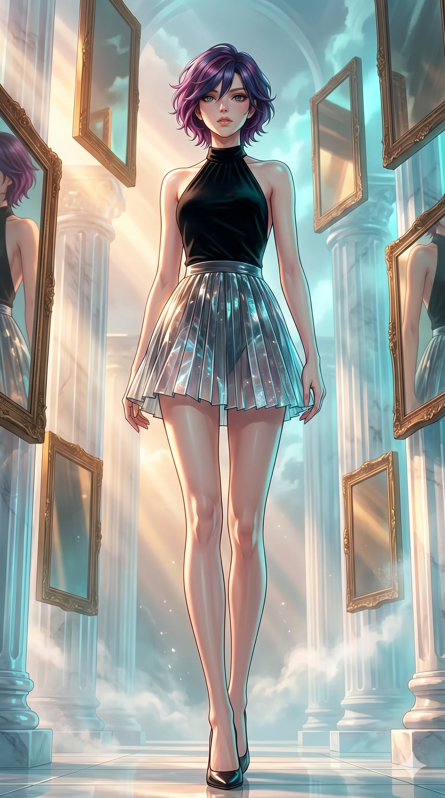 score_9, masterpiece, best quality, ultra-detailed, high-budget anime keyframe, Japanese woman. low angle full-body shot filling the entire 9:16 frame with her statuesque presence, stretching the vertical silhouette. wandering through a mirage cloud cathedral of translucent marble and water mist, surrounded by floating ancient bronze mirror walls. She has an absolutely perfect 8-heads proportion, an exceptionally tall and slender female figure with impossibly long slender legs and an ultra-slim waist. V-shaped jawline, high-bridge nose, intricate jewel-like eyes with depth, thick eyelashes, glossy lips with a natural sheen.. wearing a fractal glass pleated skirt and a backless black velvet halter neck top, creating a dramatic and elegant silhouette. showcasing a beautiful play of light and shadow, with warm golden rays clashing against cool cyan highlights. 2k, ultra detail, master piece, 9:16 ratio