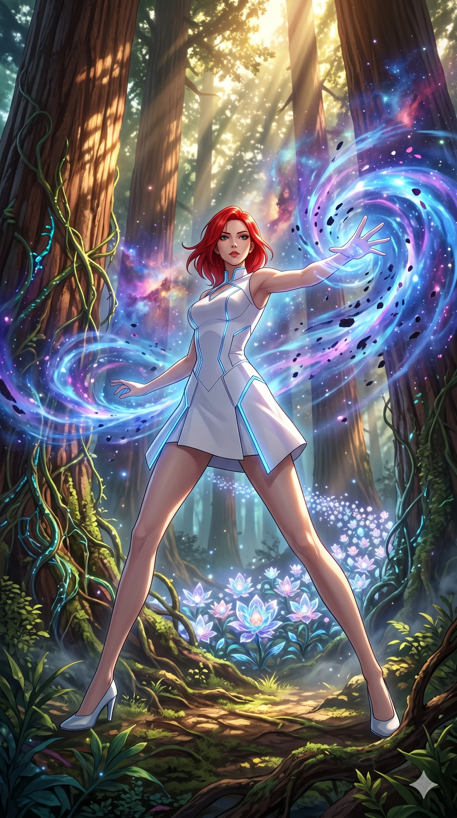 score_9, masterpiece, best quality, ultra-detailed, Set A: High-budget Anime Keyframe, Korean woman. Low angle cowboy shot filling the entire 9:16 frame with her statuesque presence. Theme: Abstract Cosmic. unleashing a massive energy wave in a giant redwood forest with glowing vines, while she leaves a trail of 256 blooming crystal flowers. The atmosphere is filled with cinematic sunlight through leaves. She has an absolutely perfect 8-heads proportion, an exceptionally tall and slender female figure with impossibly long slender legs and an ultra-slim waist. Sharp v-shaped jawline, high-bridge nose, intricate jewel-like eyes with depth, glossy lips. Wearing Minimalist architectural white dress with sharp angles and glowing blue trim. Cinematic lighting, vivid colors, dramatic shadows, 2k, ultra detail, master piece, 9:16 ratio