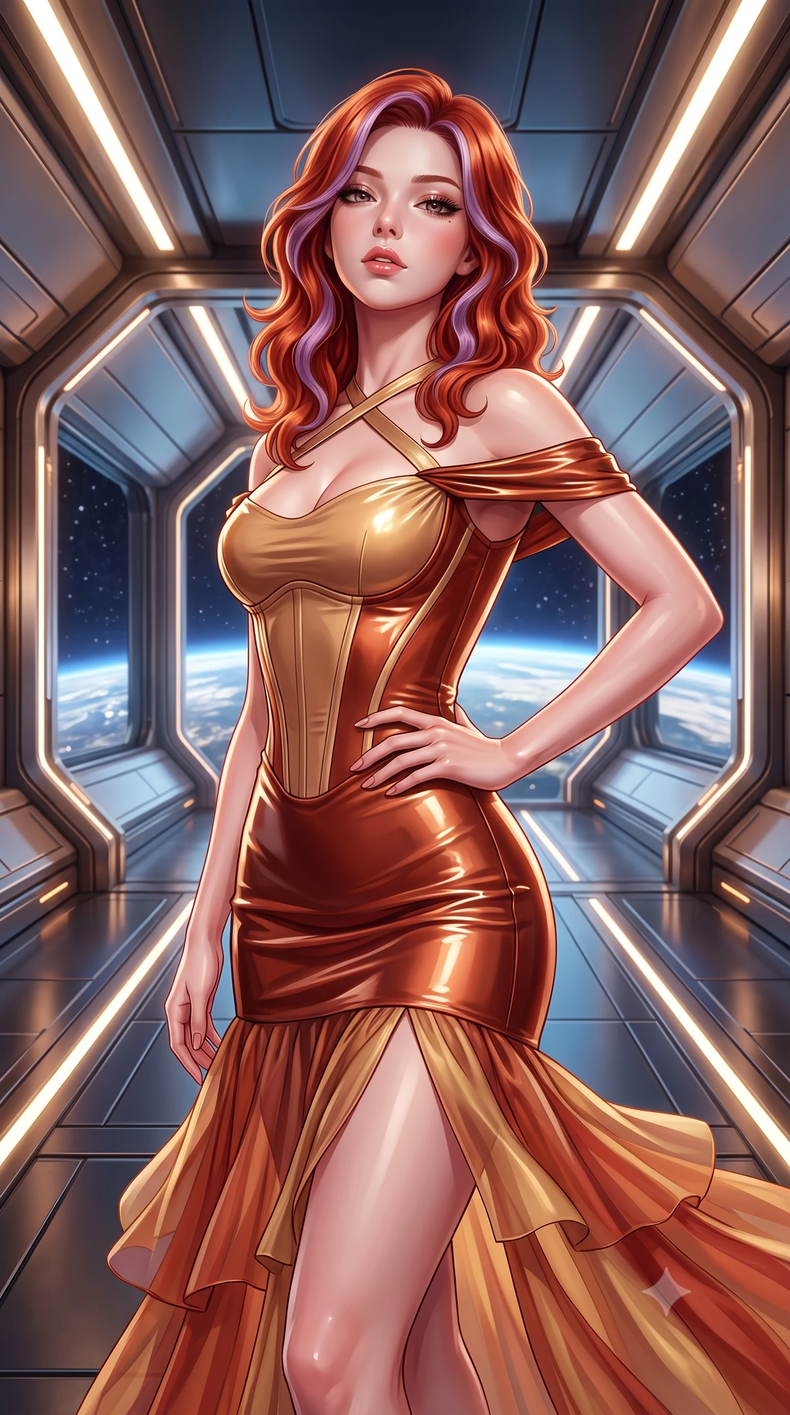 score_9, masterpiece, best quality, ultra-detailed, high-budget anime keyframe, semi-realistic 3D game render, editorial fashion photography, tasteful artistic composition, Caucasian woman. close-up cowboy shot from the waist and thighs up, the character dominates the composition, filling the frame with her large presence. tilting her chin up with proud, sovereign allure while gazing through thick eyelashes, one hand resting on her waist in pure supermodel charisma while pivoting gracefully along the illuminated orbital corridor, her liquid metallic garments clinging to her sculpted flat midriff and feminine hips. The surrounding environment is rendered in vivid detail and crisp panoramic clarity. epic high-contrast orbital sci-fi chiaroscuro and transcendent space-age luxury aesthetics in precision. She has an exceptionally elegant, slender, and willowy female figure with an ultra-slim waist, flat toned midriff, narrow ribcage, and sculpted feminine hips creating an alluring, slim hourglass silhouette without bulk. sharp v-shaped jawline, high-bridge nose, intricate jewel-like eyes with depth, thick eyelashes, glossy parted lips with a natural sheen, intensely captivating and seductive bedroom-eyes expression, flawlessly proportioned anatomical accuracy, strict slender model proportions, natural body alignment, perfectly sculpted long slender limbs, ultra-slim waistline, clean dynamic posture without body distortion. wearing an off-shoulder French court corset bodice dress paired with a tiered translucent chiffon slit skirt in desert terracotta copper and sun-baked sand gold, tailored from second-skin aerodynamic stretch vinyl with specular wet sheen, finished with criss-cross back satin straps highlighting her graceful shoulder blades, the glove-like aerodynamic silhouette tightly following the natural contour of her hips and long slender legs with statuesque 8.5-heads elegance. surrounded by a celestial, sovereign, and breathlessly magnificent orbital empress aura. highly saturated vibrant anime colors, detailed shading with soft gradients, rich glossy textures, high-contrast stereoscopic depth, volumetric dynamic lighting, master piece, 9:16 ratio