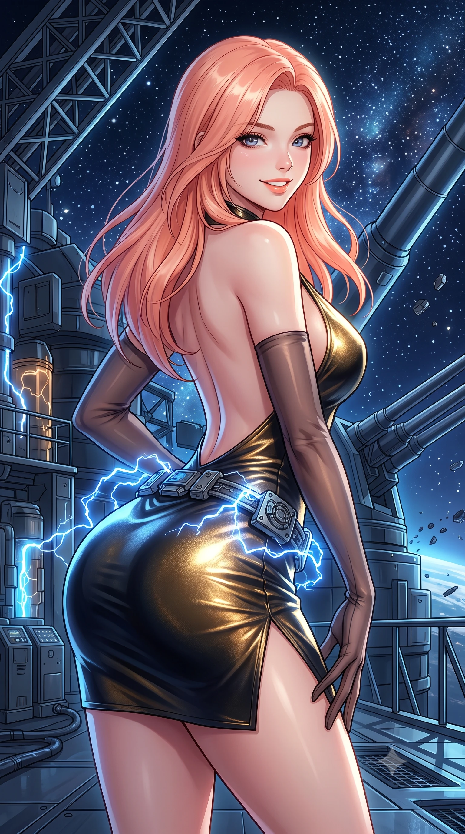 score_9, masterpiece, best quality, ultra-detailed, high-budget anime keyframe, semi-realistic 3D game render, editorial fashion photography, tasteful artistic composition, Japanese woman. close-up cowboy shot from the waist and thighs up, the character dominates the composition, filling the frame with her large presence. leaning forward while arching her lower back to accentuate her curvy hips, looking into the camera with an intoxicating smoldering gaze and bedroom-eyes while twisting her slender torso in an alluring contrapposto stance, crackling blue electrical arcs leaping between capacitors wrapping around her narrow waist and curvy hips. The surrounding environment is rendered in vivid detail and crisp panoramic clarity: detailed anime keyframe lines, rich fabric textures, and monumental space defense weapon architecture in razor-sharp precision. She has an exceptionally elegant, slender, and willowy female figure with an ultra-slim waist, flat toned midriff, narrow ribcage, and sculpted feminine hips creating an alluring, slim hourglass silhouette without bulk. sharp v-shaped jawline, high-bridge nose, intricate jewel-like sparkling eyes with depth, thick eyelashes, glossy parted lips with a natural peach sheen, bright cheerful beaming smile with an enchanting and coquettish sensual glint, exuding both youthful cute charm and seductive allure, flawlessly proportioned anatomical accuracy, strict slender model proportions, natural body alignment, perfectly sculpted long slender limbs, ultra-slim waistline, clean dynamic posture without body distortion. wearing an alluring backless metallic lamé combat halter mini dress with deep open back down to her lower spine and thigh-high slit in solar-wind gold and deep space void black, woven from buttery-soft stretch lambskin leather adhering to her body like a second skin, complemented by sheer opera-length evening gloves tracing her slender arms, the bespoke structured tailoring following the natural line of her 8.5-heads silhouette with refined elegance. bathed in cold electric-blue capacitor glow combined with crisp unpolluted starlight. highly saturated vibrant anime colors, detailed shading with soft gradients, rich glossy textures, high-contrast stereoscopic depth, volumetric dynamic lighting, master piece, 9:16 ratio