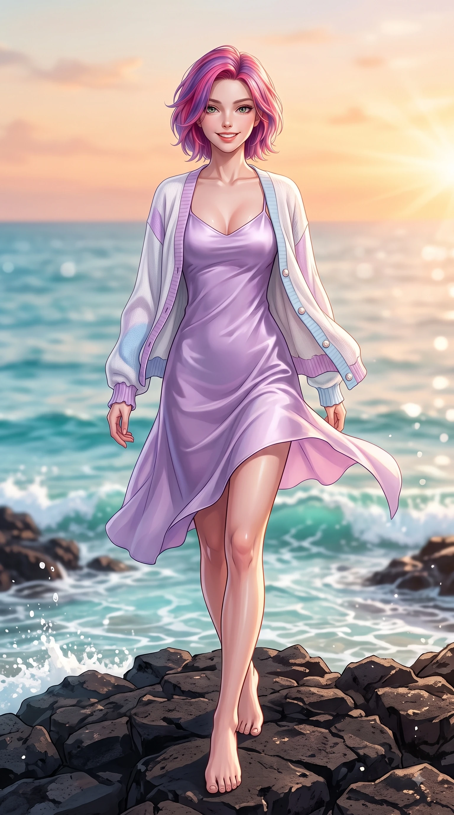 score_9, masterpiece, best quality, ultra-detailed, high-budget anime keyframe, editorial fashion photography, tasteful artistic composition, Caucasian woman. low angle full-body shot from head to toe showing her feet, filling the entire 9:16 vertical frame with her statuesque presence, stretching her vertical silhouette. walking forward in a proud dynamic stride with a cheerful beaming smile, her vertical silhouette filling the frame while pivoting dynamically on dark volcanic basalt rocks as clear turquoise ocean waves lap near the shoreline. The composition keeps background elements in soft focus with dreamy bokeh. warm beach sunlight refracting off water droplets blurred into a soft pastel backdrop. She has an absolutely perfect, statuesque 8.5-heads proportion, an exceptionally tall and slender model-like female figure with impossibly long slender legs and an ultra-slim waist. sharp v-shaped jawline, high-bridge nose, intricate jewel-like eyes with depth, thick eyelashes, glossy lips with a natural sheen, flawlessly proportioned anatomical accuracy, natural body alignment, perfectly sculpted elegant limbs, clean dynamic posture without body distortion. wearing a graceful lavender satin slip dress layered under a loose soft white knit cardigan in soft pastel lavender and sky blue, tailored from crisp cotton poplin, finished with subtle ruffle trims and delicate pearl buttons, the breezy lightweight fabric fluttering softly against her delicate frame. illuminated by a glorious golden hour sunburst painting the clouds in joyful peach and amber. highly saturated vibrant anime colors, detailed shading with soft gradients, rich glossy textures, high-contrast stereoscopic depth, volumetric dynamic lighting, master piece, 9:16 ratio