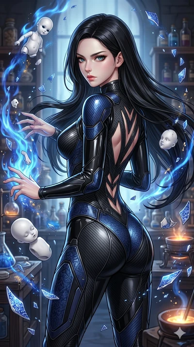 score_9, masterpiece, best quality, ultra-detailed, high-budget anime keyframe, Korean woman. upper body close-up from the thighs up, character filling the screen for maximum presence. assisting in an alchemical porcelain workshop where floating whit