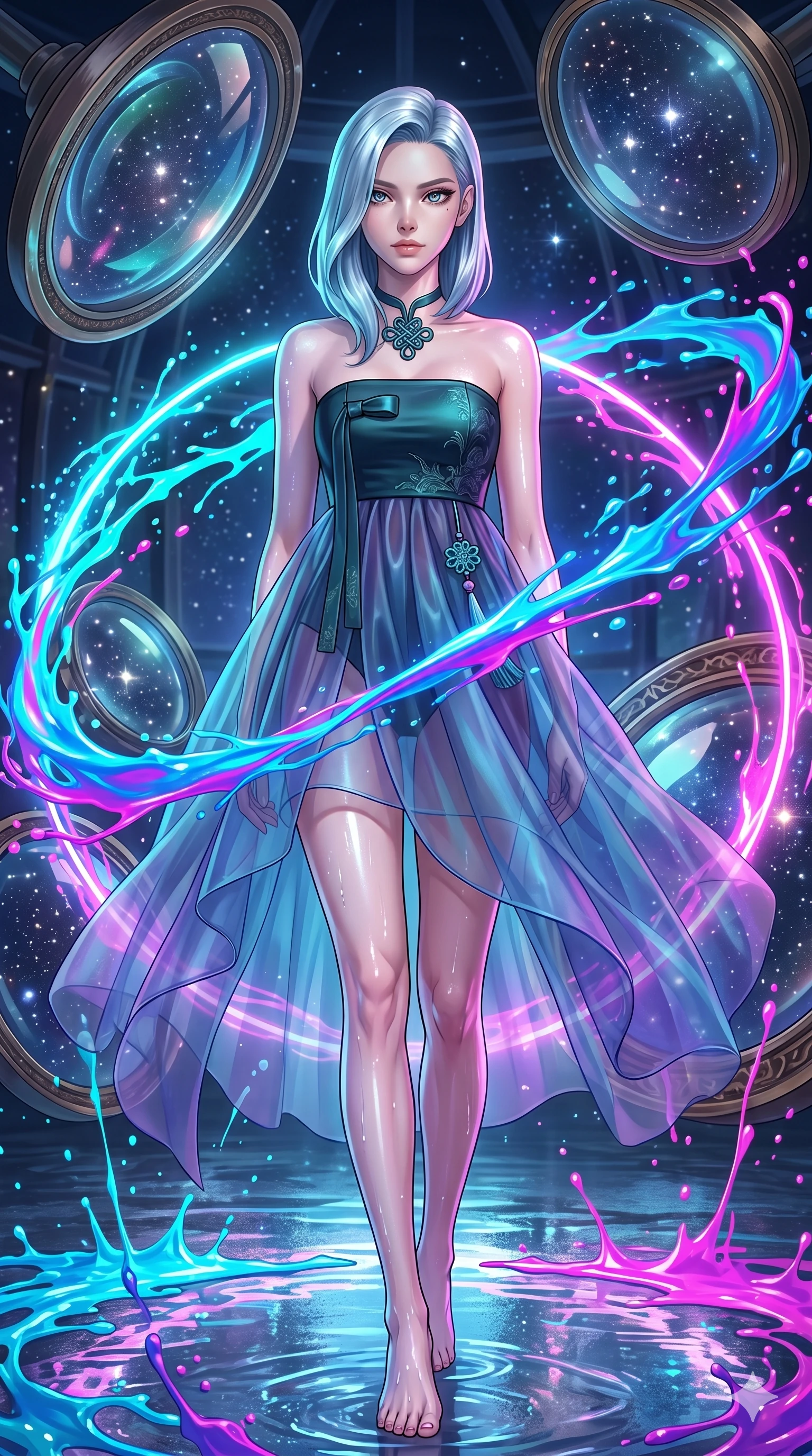score_9, masterpiece, best quality, ultra-detailed, high-budget anime keyframe, editorial fashion photography, tasteful artistic composition, Korean woman. upper body close-up from the thighs up, character filling the screen for maximum presence. stepping dynamically on inside an alchemical observatory with giant floating lenses reflecting distant stars while streams of liquid neon paint splash and form glowing halos. She has an absolutely perfect 8-heads proportion, an exceptionally tall and slender female figure with impossibly long slender legs and an ultra-slim waist. V-shaped jawline, high-bridge nose, intricate jewel-like eyes with depth, thick eyelashes, glossy lips with a natural sheen.. wearing a modern fusion silk hanbok dress, featuring a silk bustier top, layered sheer organza skirts, and a traditional knot choker. illuminated by the brilliant neon reflections bouncing off wet surfaces, emphasizing her skin tone. 2k, ultra detail, master piece, 9:16 ratio