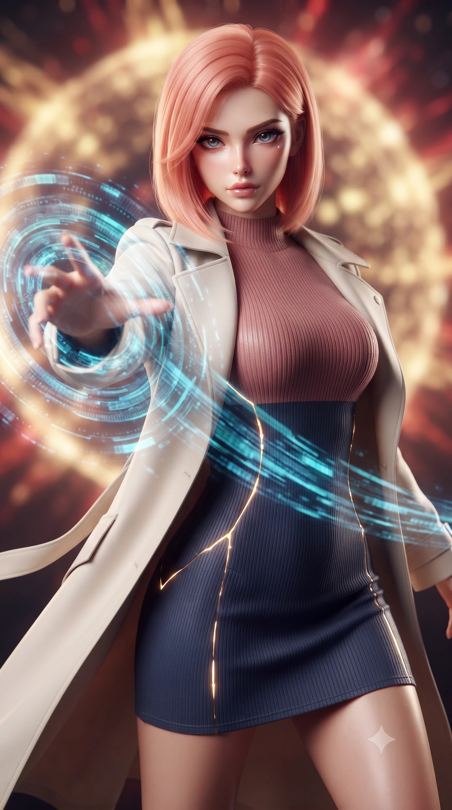 score_9, masterpiece, best quality, ultra-detailed, high-budget anime keyframe, editorial fashion photography, tasteful artistic composition, realistic cosplay photography, Japanese woman. close-up cowboy shot from the waist and thighs up, the character dominates the composition, filling the frame with her large presence, background elements kept in soft focus. Casting a digital tracking wave with an outstretched hand, her gaze locked on the escaping target. set against a soft-focus background of the expanding shell of a supernova, a wall of gold and red energy rushing forward in slow motion. She has an exceptionally elegant and slender, willowy female figure with an ultra-slim waist, a gracefully sculpted slender torso, and a refined slim physique. sharp v-shaped jawline, high-bridge nose, intricate jewel-like eyes with depth, thick eyelashes, glossy lips with a natural sheen. wearing tailored for maximum mobility, sleek form-contouring panels that allow fluid movement, a slim-fit body-con mini dress in a two-tone ribbed knit of dusty rose and navy, paired with a light cream trench coat. glowing kintsugi gold light radiating from cracks in the environment creating a majestic inner glow. ultra-reflective glossy finish, specular highlights, metallic sheen, high-contrast stereoscopic depth, volumetric dynamic lighting, 2k, ultra detail, master piece, 9:16 ratio