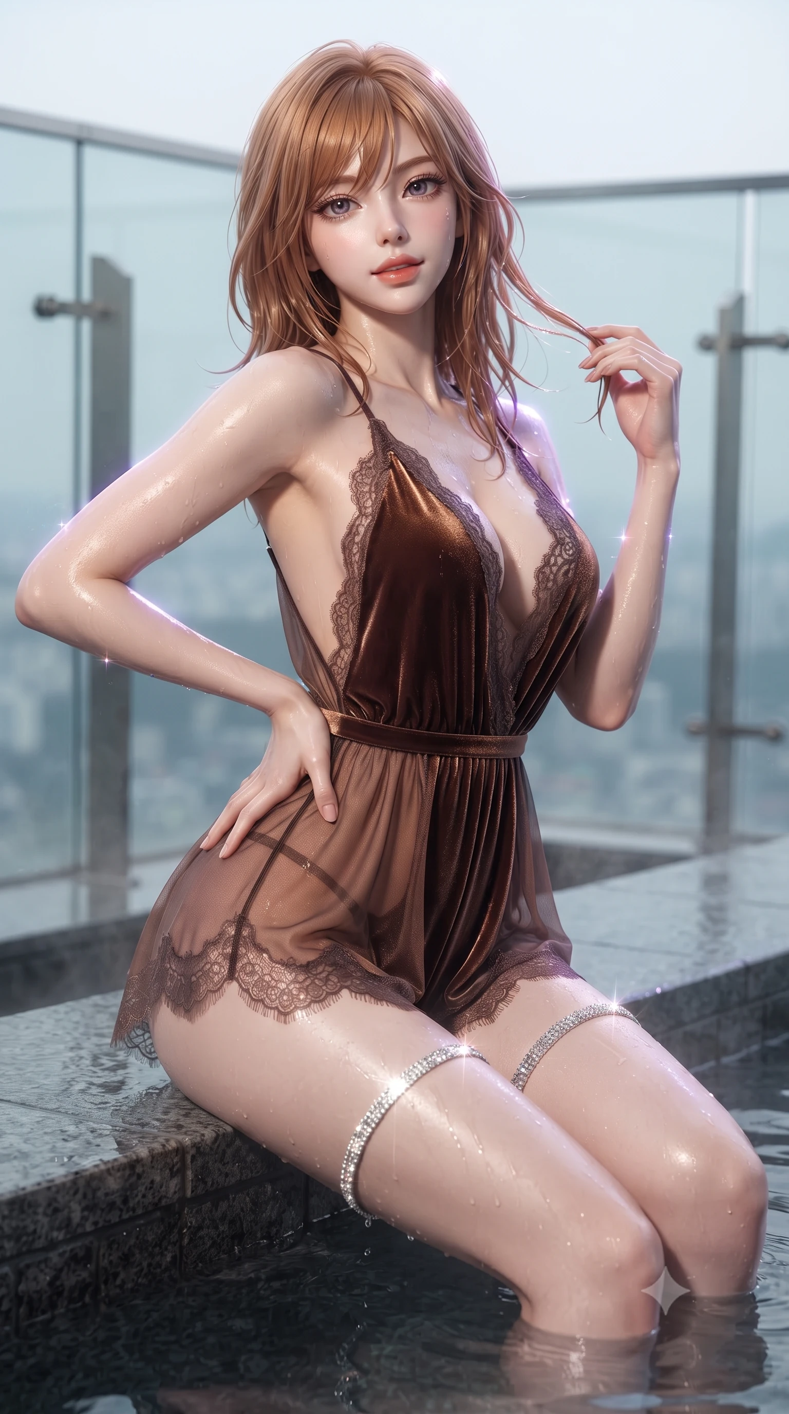 score_9, masterpiece, best quality, ultra-detailed, high-budget anime keyframe, editorial fashion photography, tasteful artistic composition, Korean woman. close-up cowboy shot from the waist and thighs up, the character dominates the composition, filling the frame with her large presence. twisting her slender torso in an alluring contrapposto stance, one hand resting on her sculpted hip while her fingers toy with her hair with effortless poise while sitting on the submerged volcanic stone ledge of the 70th-floor open-air thermal bath, arching her spine with wet-look siren grace. The background shows a soft-focus glass balcony railings softened in dramatic high-altitude atmospheric shallow focus. She has an exceptionally elegant, slender, and willowy female figure with an ultra-slim waist, flat toned midriff, narrow ribcage, and sculpted feminine hips creating an alluring, slim hourglass silhouette without bulk. sharp v-shaped jawline, high-bridge nose, sparkling eyes with hypnotic seductive depth, thick curled eyelashes, glossy parted lips with a natural dewy peach sheen, alluring bedroom-eyes with an enchanting coquettish smile, exuding magnetic siren charisma and sophisticated glamour, flawlessly proportioned anatomical accuracy, strict slender model proportions, natural body alignment, perfectly sculpted long slender limbs, ultra-slim waistline, clean dynamic posture without body distortion. wearing a plunge-neck stretch velvet romper with scalloped eyelash-lace hems and a cinched waist ribbon in sultry espresso bronze and metallic copper, made of sheer gossamer chiffon that drapes softly against skin with airy translucence, finished with delicate crystal-encrusted thigh garter straps glinting in the dim light, the high-slit wrap tailoring accentuating her ultra-slim waistline and the enchanting curve of her feminine hips with alluring seductive charm. illuminated by steam particle light scatter and sharp platinum-violet rim lights defining her razor-sharp jawline, narrow waist, and voluptuous hip curves. ultra-reflective glossy finish, specular highlights, rich textural contrasts, high-contrast stereoscopic depth, volumetric dynamic lighting, 2k, ultra detail, master piece, 9:16 ratio