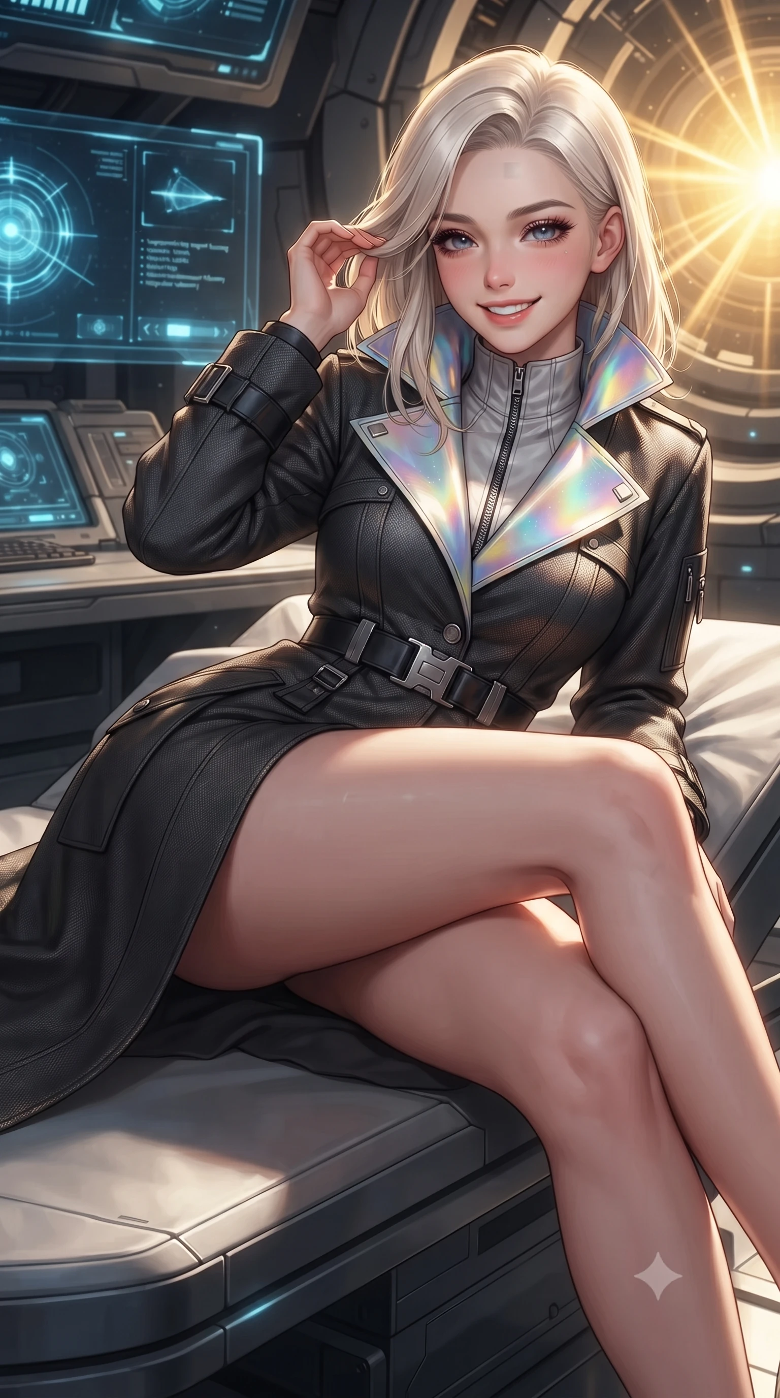 score_9, masterpiece, best quality, ultra-detailed, high-budget anime keyframe, editorial fashion photography, tasteful artistic composition, Caucasian woman. close-up cowboy shot from the waist and thighs up, the character dominates the composition, filling the frame with her large presence. gently brushing a lock of hair behind her ear while casting a playful, flirtatious side-gaze with long eyelashes while lounging gracefully across the titanium observation daybed propped on one elbow with legs extended, displaying her long slender limbs and statuesque hourglass silhouette against the bent space matrix. The surrounding environment is rendered in vivid detail and crisp panoramic clarity: sharp superconducting magnet housing seams, relativistic light fringes, and holographic containment telemetry in deep focus. She has an exceptionally elegant, slender, and willowy female figure with an ultra-slim waist, flat toned midriff, narrow ribcage, and sculpted feminine hips creating an alluring, slim hourglass silhouette without bulk. sharp v-shaped jawline, high-bridge nose, intricate jewel-like sparkling eyes with depth, thick eyelashes, glossy parted lips with a natural peach sheen, bright cheerful beaming smile with an enchanting and coquettish sensual glint, exuding both youthful cute charm and seductive allure, flawlessly proportioned anatomical accuracy, strict slender model proportions, natural body alignment, perfectly sculpted long slender limbs, ultra-slim waistline, clean dynamic posture without body distortion. wearing a bespoke tactical commander trench coat in matte carbon-weave with magnetic utility buckles, storm flaps, and high standing collar in solar-sail rainbow diffraction and titanium white, tailored from high-density tech-wool with subtle metallic thread weave, finished with sleek magnetic buckle closures fluttering in the breeze, the bespoke structured tailoring following the natural line of her 8.5-heads silhouette with refined elegance. bathed in the blinding golden synchrotron radiation of the singularity contrasted with deep obsidian shadow gradients. ultra-reflective glossy finish, specular highlights, rich textural contrasts, high-contrast stereoscopic depth, volumetric dynamic lighting, 2k, ultra detail, master piece, 9:16 ratio
