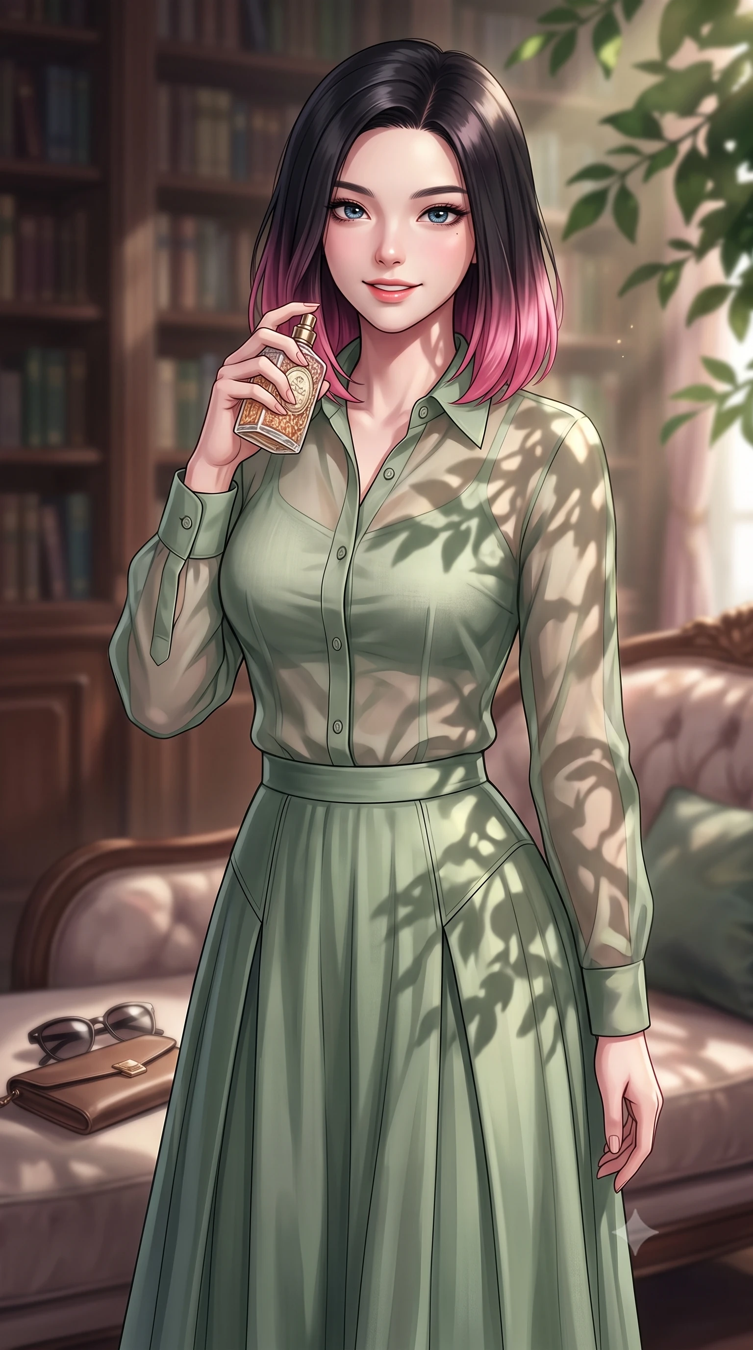 score_9, masterpiece, best quality, ultra-detailed, high-budget anime keyframe, editorial fashion photography, tasteful artistic composition, Korean woman. close-up cowboy shot from the waist and thighs up, the character dominates the composition, filling the frame with her large presence, background elements kept in soft focus. holding a vintage perfume bottle to her neck, smiling with quiet magnetic self-assurance set against a soft-focus background of inside an exclusive historic manor library with a pair of designer sunglasses and a sleek leather clutch bag on the lounger. She has an exceptionally elegant, slender, and willowy female figure with an ultra-slim waist, a gracefully sculpted slender torso, and a refined silhouette. sharp v-shaped jawline, high-bridge nose, intricate jewel-like eyes with depth, thick eyelashes, glossy lips with a natural sheen. wearing form-contouring sage green sheer organza casual linen button-down shirt paired with a flowy pleated midi skirt featuring refined tailored seams. highlighted by dappled sunlight filtering through leafy branches, creating soft organic patterns. highly saturated vibrant anime colors, detailed shading with soft gradients, rich glossy textures, high-contrast stereoscopic depth, volumetric dynamic lighting, master piece, 9:16 ratio