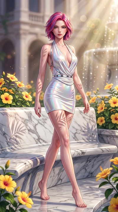 score_9, masterpiece, best quality, ultra-detailed, high-budget anime keyframe, semi-realistic 3D game render, editorial fashion photography, tasteful artistic composition, Caucasian woman. low angle full-body shot from head to toe showing her feet, 
