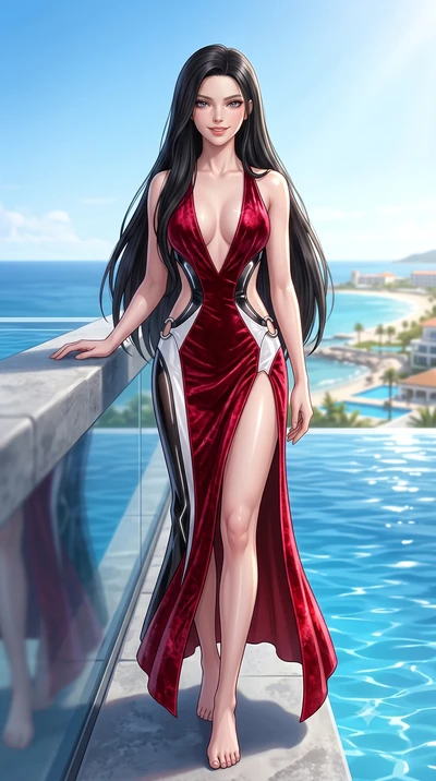 score_9, masterpiece, best quality, ultra-detailed, high-budget anime keyframe, semi-realistic 3D game render, editorial fashion photography, tasteful artistic composition, Korean woman. low angle full-body shot from head to toe showing her feet, fil