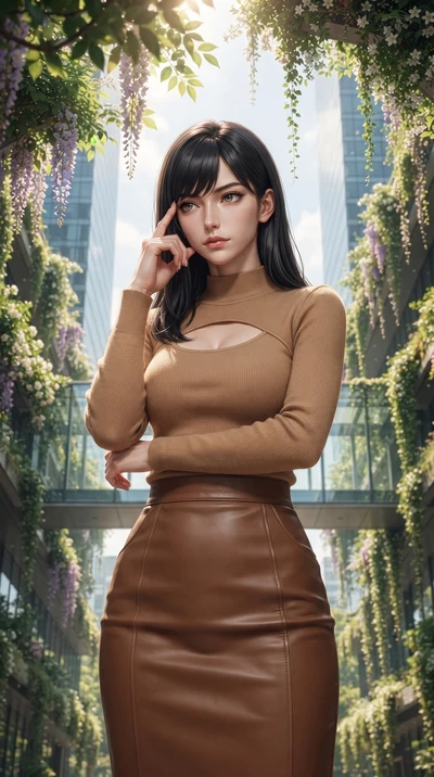score_9, masterpiece, best quality, ultra-detailed, high-budget anime keyframe, editorial fashion photography, tasteful artistic composition, Caucasian woman, strictly human ears. close-up cowboy shot from the waist and thighs up, the character domin