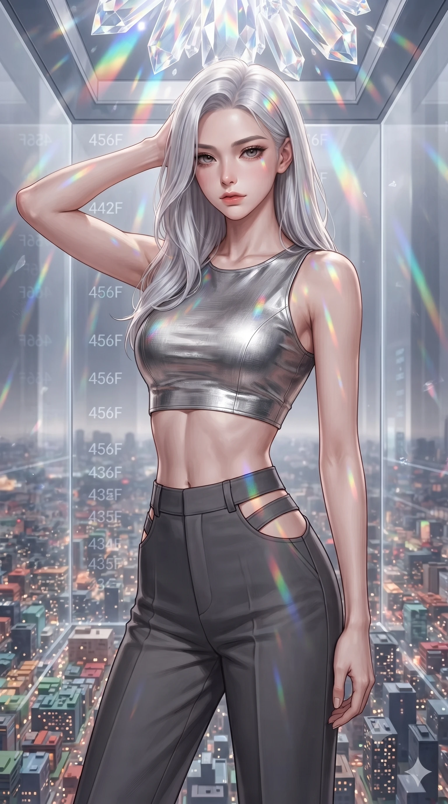 score_9, masterpiece, best quality, ultra-detailed, high-budget anime keyframe, editorial fashion photography, tasteful artistic composition, Korean woman. close-up cowboy shot from the waist and thighs up, the character dominates the composition, filling the frame with her large presence, background elements kept in soft focus. Placing one hand behind her head with confident body language and a direct stare. set against a soft-focus background of inside a transparent crystal elevator ascending through a building of impossible height with the entire cityscape unfolding below like a growing miniature model floor numbers counting into the hundreds. She has an exceptionally elegant and slender, willowy female figure with an ultra-slim waist, a gracefully sculpted slender torso, and a refined slim physique. sharp v-shaped jawline, high-bridge nose, intricate jewel-like eyes with depth, thick eyelashes, glossy lips with a natural sheen. wearing a metallic silver crop top paired with high-waisted charcoal trousers featuring side waist cutouts. cascading rainbow prismatic light refracting through crystal formations overhead. 2k, ultra detail, master piece, 9:16 ratio