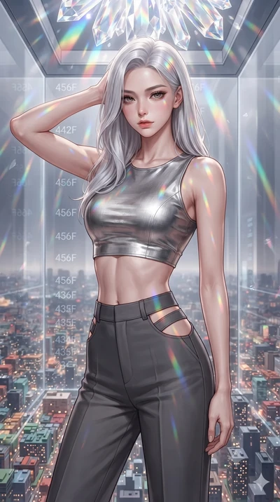 score_9, masterpiece, best quality, ultra-detailed, high-budget anime keyframe, editorial fashion photography, tasteful artistic composition, Korean woman. close-up cowboy shot from the waist and thighs up, the character dominates the composition, fi