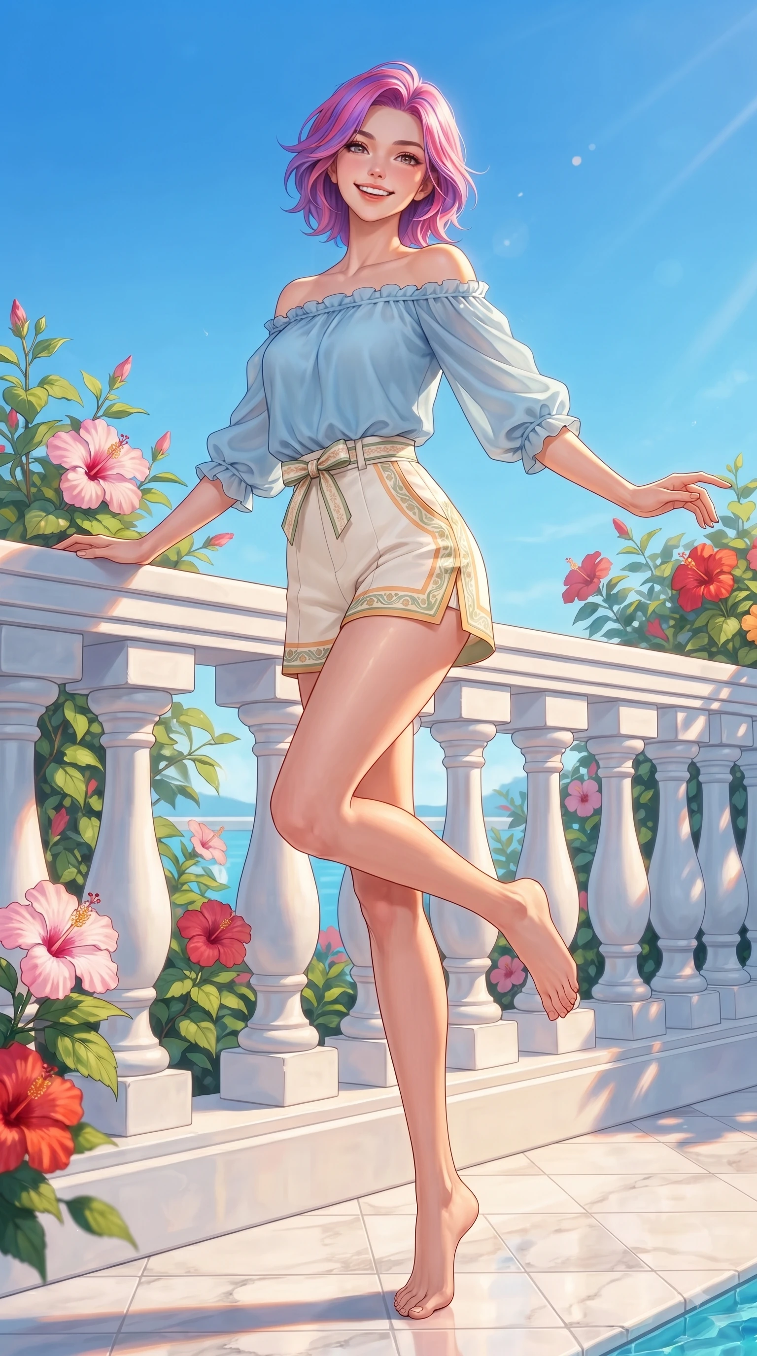 score_9, masterpiece, best quality, ultra-detailed, high-budget anime keyframe, editorial fashion photography, tasteful artistic composition, Caucasian woman. low angle full-body shot from head to toe showing her feet, filling the entire 9:16 vertical frame with her statuesque presence, stretching her vertical silhouette. leaping with pure youthful energy through the scene with a radiant bright smile, her long slender legs balanced gracefully while leaning elegantly against a white poolside balustrade as golden afternoon sunbeams highlight her figure. The surrounding environment is rendered in vivid detail and crisp panoramic clarity. detailed marble poolside tiles, blooming hibiscus flowers, and clear blue sky captured in crisp resolution. She has an absolutely perfect, statuesque 8.5-heads proportion, an exceptionally tall and slender model-like female figure with impossibly long slender legs and an ultra-slim waist. sharp v-shaped jawline, high-bridge nose, intricate jewel-like eyes with depth, thick eyelashes, glossy lips with a natural sheen, flawlessly proportioned anatomical accuracy, natural body alignment, perfectly sculpted elegant limbs, clean dynamic posture without body distortion. wearing a light blue off-shoulder chiffon blouse paired with tailored ivory shorts in warm apricot and sage green, tailored from crisp cotton poplin, accented with a dainty waist ribbon bow, the tailored casual silhouette highlighting her fresh and youthful presence. illuminated by warm golden afternoon sunbursts casting crisp highlights. ultra-reflective glossy finish, specular highlights, metallic sheen, high-contrast stereoscopic depth, volumetric dynamic lighting, 2k, ultra detail, master piece, 9:16 ratio