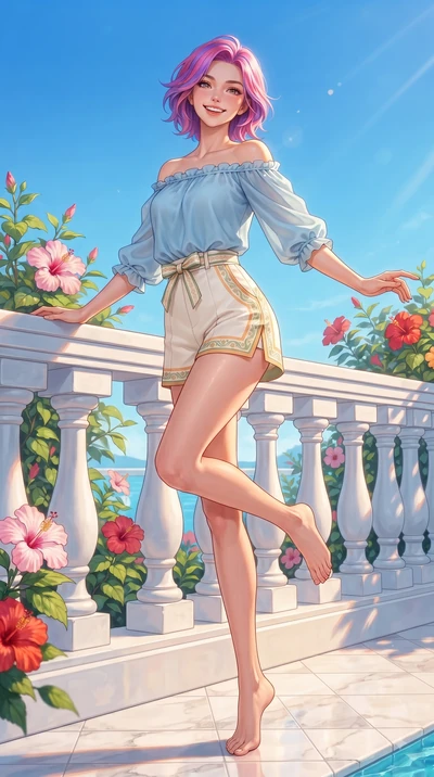 score_9, masterpiece, best quality, ultra-detailed, high-budget anime keyframe, editorial fashion photography, tasteful artistic composition, Caucasian woman. low angle full-body shot from head to toe showing her feet, filling the entire 9:16 vertica