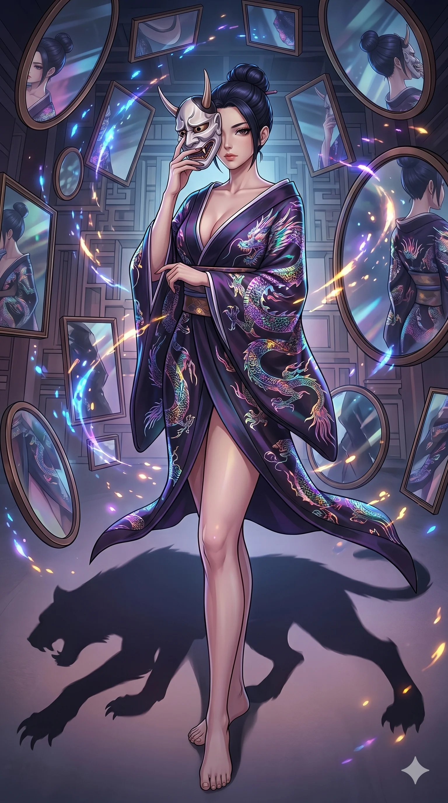 score_9, masterpiece, best quality, ultra-detailed, Set A: High-budget Anime Keyframe, Japanese woman. Low angle cowboy shot filling the entire 9:16 frame with her statuesque presence. Adjusting a mask through a dimension of floating mirrors, while her shadow mimics the movements of a predator 285 and surrounded by glowing energy sparks. She has an absolutely perfect 8-heads proportion, an exceptionally tall and slender female figure with impossibly long slender legs and an ultra-slim waist. Sharp v-shaped jawline, high-bridge nose, intricate jewel-like eyes with depth, thick eyelashes, glossy lips with a natural sheen. Wearing Traditional fusion robe with a deep V-cut and holographic dragon embroidery. Cinematic lighting, vibrant colors, dramatic shadows, 2k, ultra detail, master piece, 9:16 ratio