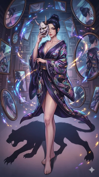 score_9, masterpiece, best quality, ultra-detailed, Set A: High-budget Anime Keyframe, Japanese woman. Low angle cowboy shot filling the entire 9:16 frame with her statuesque presence. Adjusting a mask through a dimension of floating mirrors, while h