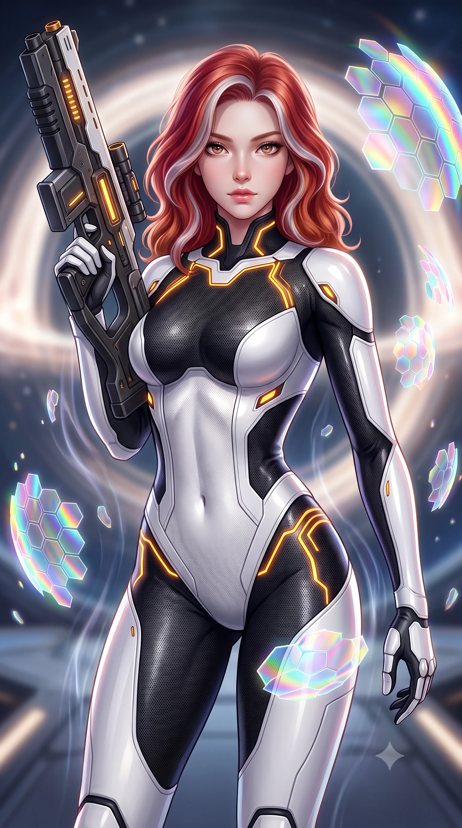 score_9, masterpiece, best quality, ultra-detailed, high-budget anime keyframe, semi-realistic 3D game render, editorial fashion photography, tasteful artistic composition, Caucasian woman. close-up cowboy shot from the waist and thighs up, the character dominates the composition, filling the frame with her large presence. gazing forward with divine sovereign poise, captivating jewel-like eyes shining with transcendent focus while holding her weapon with effortless mastery while drifting gracefully through a field of orbiting micro-shields as gravitational distortion waves ripple around her contour. The composition keeps background elements in soft focus with creamy bokeh. gravitational containment rings and starship bridge architecture softened in smooth cosmic depth. She has an exceptionally elegant, slender, and willowy female figure with an ultra-slim waist, a gracefully sculpted slender torso, toned flat midriff, and a refined slim silhouette. sharp v-shaped jawline, high-bridge nose, intricate jewel-like eyes with depth, thick eyelashes, glossy lips with a natural sheen, flawlessly proportioned anatomical accuracy, strict slender model proportions, natural body alignment, perfectly sculpted long slender limbs, ultra-slim waistline, clean dynamic posture without body distortion. wearing a high-contrast monochrome white-and-black carbon-composite exoskeleton suit with glowing amber circuitry, deploying floating hexagonal holographic energy shields with sovereign grace in high-gloss iridescent rainbow carbon with prism holographic sheen, tailored from flexible second-skin carbon-mesh that clings flawlessly to her athletic curves, accented with glowing fiber-optic conduits tracing her collarbones and hip curves, the glove-like aerodynamic second-skin fit tightly clinging to her ultra-slender waist and athletic curves without adding bulk, accentuating her razor-sharp statuesque lines and slim hourglass silhouette. illuminated by intense directional rim lights sharply defining her ultra-slim waist, long legs, and flat midriff. rich saturated anime colors with glowing neon highlights, detailed shading with soft gradients, rich glossy textures, high-contrast stereoscopic depth, volumetric dynamic lighting, master piece, 9:16 ratio
