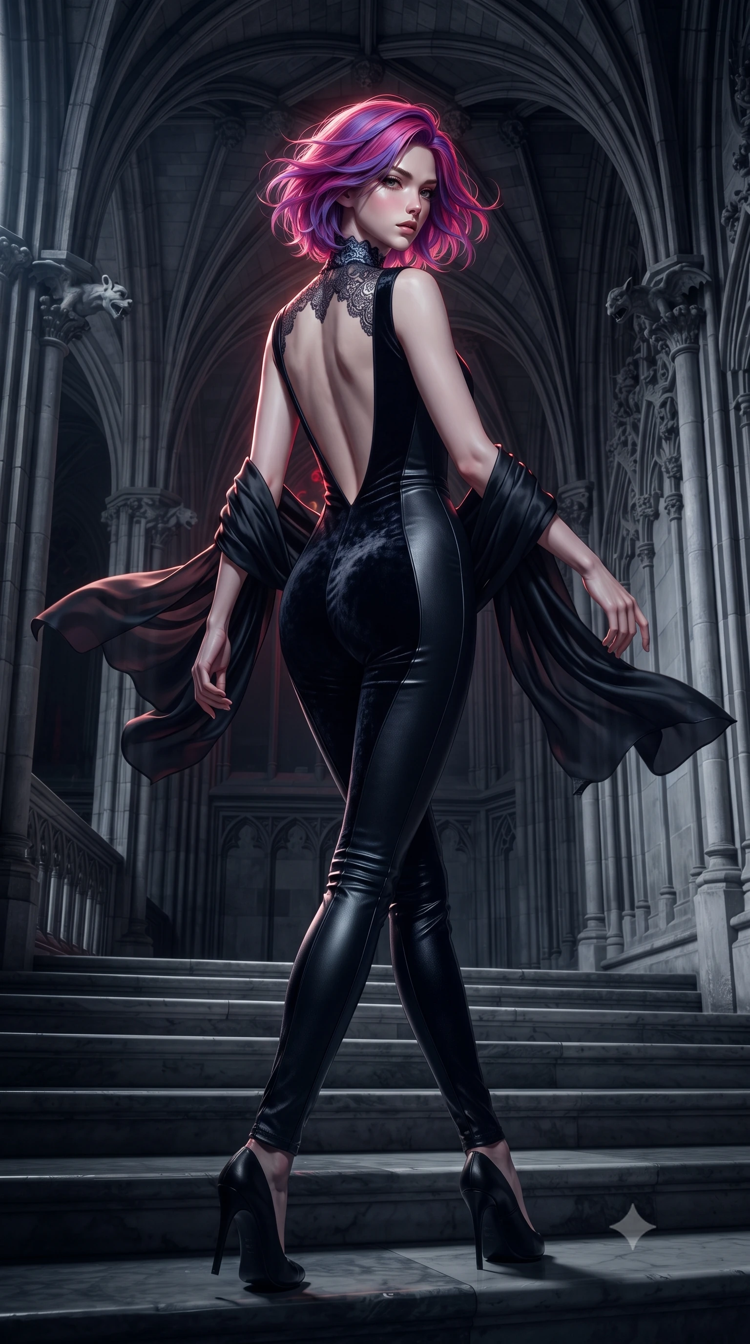 score_9, masterpiece, best quality, ultra-detailed, high-budget anime keyframe, editorial fashion photography, tasteful artistic composition, Caucasian woman. low angle full-body shot from head to toe showing her feet, filling the entire 9:16 vertical frame with her statuesque presence, stretching her vertical silhouette. sitting poised on the elevated edge with legs crossed and extended, her tall 8.5-heads proportions dominating the scene with effortless poise while descending the cold cathedral steps with fluid supermodel momentum, the night wind fluttering her dark drapery. The surrounding environment is rendered in vivid detail and crisp panoramic clarity. intricate stone rib vaulting, gothic gargoyle carvings, and cold marble flagstone textures in deep focus. She has an absolutely perfect, statuesque 8.5-heads proportion, an exceptionally tall and slender model-like female figure with impossibly long slender legs, a toned flat midriff, and an ultra-slim waist. sharp v-shaped jawline, high-bridge nose, intricate jewel-like eyes with depth, thick eyelashes, glossy parted lips with a natural sheen, intensely captivating and seductive expression, flawlessly proportioned anatomical accuracy, strict slender model proportions, natural body alignment, perfectly sculpted long slender limbs, ultra-slim waistline, clean dynamic posture without body distortion. wearing a second-skin midnight leather catsuit featuring an open back and delicate lace-patterned collar in raven black and shimmering silver mercury, crafted from heavyweight crushed silk velvet with liquid luster, finished with a gossamer silk shawl draped loosely over her elbows, the dramatically scooped open back descending to the base of her spine, accentuating her razor-sharp statuesque lines and slim hourglass silhouette. bathed in surreal blood-red lunar eclipse backlighting and cool silver ambient fill. ultra-reflective glossy finish, specular highlights, rich textural contrasts, high-contrast stereoscopic depth, volumetric dynamic lighting, 2k, ultra detail, master piece, 9:16 ratio