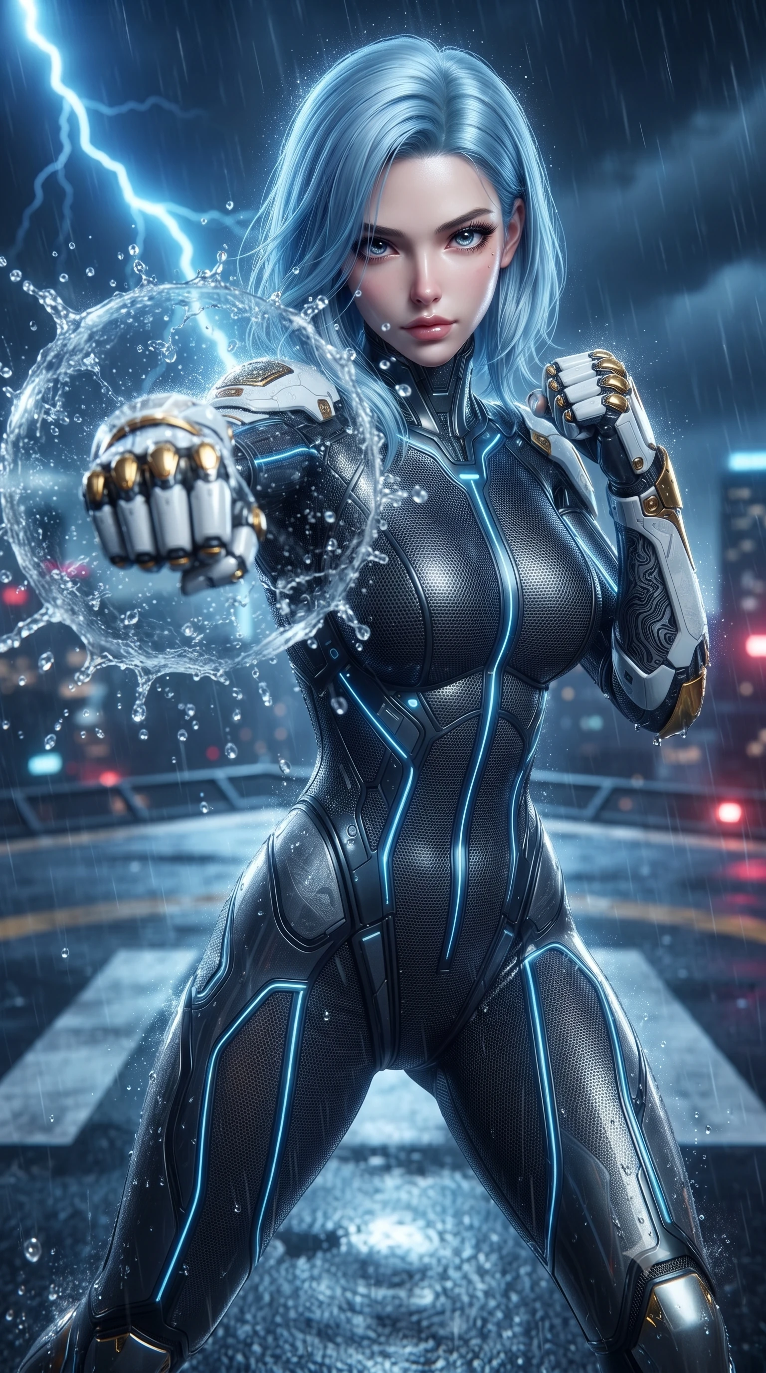 score_9, masterpiece, best quality, ultra-detailed, high-budget anime keyframe, editorial fashion photography, tasteful artistic composition, Korean woman. close-up cowboy shot from the waist and thighs up, the character dominates the composition, filling the frame with her large presence. thrusting a high-speed kinetic punch toward the camera, a visible conical shockwave distortion wrapping around her sleek carbon forearm while pivoting dynamically in mid-motion on the wet helipad as displaced rain droplets form a frozen sphere around her fist. The composition keeps background elements in soft focus with creamy bokeh. sparkling shockwave condensation rings and splashing raindrops scattering radiant light across a dark backdrop. She has an exceptionally elegant, slender, and willowy female figure with an ultra-slim waist, a gracefully sculpted slender torso, toned flat midriff, and a refined slim silhouette. sharp v-shaped jawline, high-bridge nose, intricate jewel-like eyes with depth, thick eyelashes, glossy lips with a natural sheen, flawlessly proportioned anatomical accuracy, strict slender model proportions, natural body alignment, perfectly sculpted long slender limbs, ultra-slim waistline, clean dynamic posture without body distortion. wearing an aerodynamic dark titanium carbon-mesh jumper with glowing blue fiber lines and reinforced Damascus-pattern arm guards in arctic white carbon composite with radiant solar gold plating, crafted from semi-translucent cybernetic carbon-vinyl interwoven with glowing micro-filaments, detailed with magnetic knuckle shock-absorbers and polished chrome articulation joints, the liquid-tight tailored fabric emphasizing every curve of her tall, slender model proportions and sculptured silhouette during dynamic movement. bathed in dramatic blue lightning flashes and vibrant neon city ambient reflections. ultra-reflective glossy finish, specular highlights, dark metallic sheen, high-contrast stereoscopic depth, volumetric dynamic lighting, 2k, ultra detail, master piece, 9:16 ratio