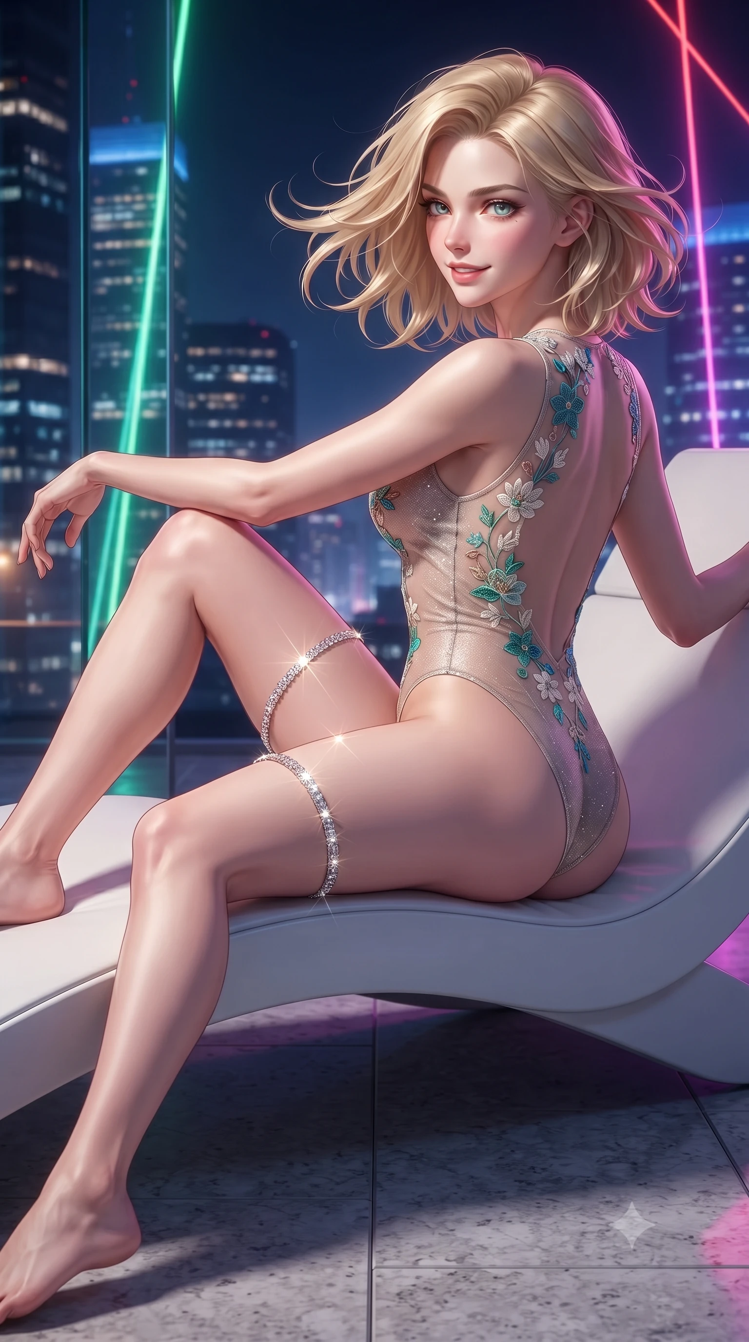 score_9, masterpiece, best quality, ultra-detailed, high-budget anime keyframe, editorial fashion photography, tasteful artistic composition, Caucasian woman. close-up cowboy shot from the waist and thighs up, the character dominates the composition, filling the frame with her large presence. turning slowly with an enchanting smoldering smile, her glossy hair tossing in the breeze as her hips angle gracefully in a captivating contrapposto while lounging in the modern sculptured sunbed propped on one elbow with legs extended, displaying her long slender limbs and statuesque hourglass silhouette against the metropolis. The surrounding environment is rendered in vivid detail and crisp panoramic clarity: sharp structural glass corner bevels, polished white granite floor joints, and stainless steel expansion joint hardware in deep focus. She has an exceptionally elegant, slender, and willowy female figure with an ultra-slim waist, flat toned midriff, narrow ribcage, and sculpted feminine hips creating an alluring, slim hourglass silhouette without bulk. sharp v-shaped jawline, high-bridge nose, intricate jewel-like sparkling eyes with depth, thick eyelashes, glossy parted lips with a natural peach sheen, bright cheerful beaming smile with an enchanting and coquettish sensual glint, exuding both youthful cute charm and seductive allure, flawlessly proportioned anatomical accuracy, strict slender model proportions, natural body alignment, perfectly sculpted long slender limbs, ultra-slim waistline, clean dynamic posture without body distortion. wearing an alluring backless sheer lace leotard with high-cut leg openings and delicate floral embroidery framing her spine in Verdon canyon emerald turquoise and dewy alabaster, woven from stretch metallic lurex jersey casting radiant starlight glints across her curves, finished with delicate crystal-encrusted thigh garter straps glinting in the dim light, the glove-like clinging cut tightly following the natural contour of her hips and long slender legs with youthful 8.5-heads elegance. bathed in the dynamic multi-colored ambient of the illuminated bay lasers contrasted with warm 2900K recessed deck cove downlights. ultra-reflective glossy finish, specular highlights, rich textural contrasts, high-contrast stereoscopic depth, volumetric dynamic lighting, 2k, ultra detail, master piece, 9:16 ratio