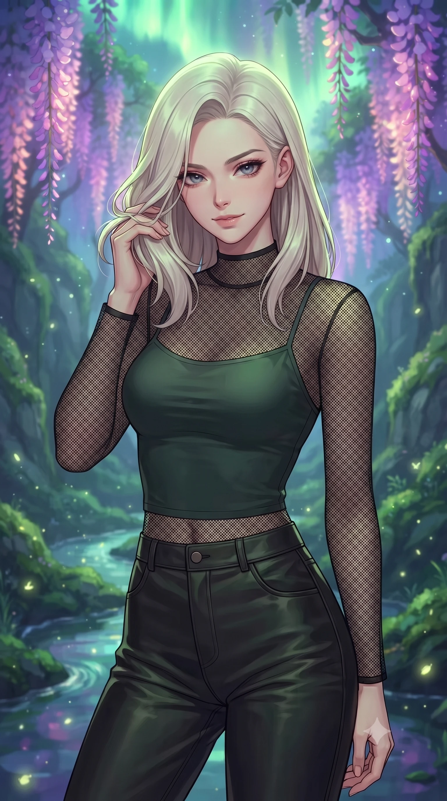 score_9, masterpiece, best quality, ultra-detailed, high-budget anime keyframe, gorgeous anime illustration, artistic 2d flat cel-shaded style, Caucasian woman, strictly human ears. close-up cowboy shot from the waist and thighs up, the character dominates the composition, filling the frame with her large presence, background elements kept in soft focus. Gently brushing hair from her face with an enigmatic half-smile. set against a soft-focus background of in a secluded glen where giant wisteria trees with glowing purple and pink flower trails cascade down mossy cliffs, luminescent pollen floating like fireflies over a stream of liquid opal. She has an exceptionally elegant and slender, willowy female figure with an ultra-slim waist, a gracefully sculpted slender torso, and a refined slim physique. sharp v-shaped jawline, high-bridge nose, intricate jewel-like eyes with depth, thick eyelashes, glossy lips with a natural sheen. wearing a transparent black mesh top over a fitted dark green tank top, paired with leather trousers. illuminated by a shifting aurora palette of green violet and gold from above. 2k, ultra detail, master piece, 9:16 ratio, vibrant anime color palette, flat color shading, 2d animation style