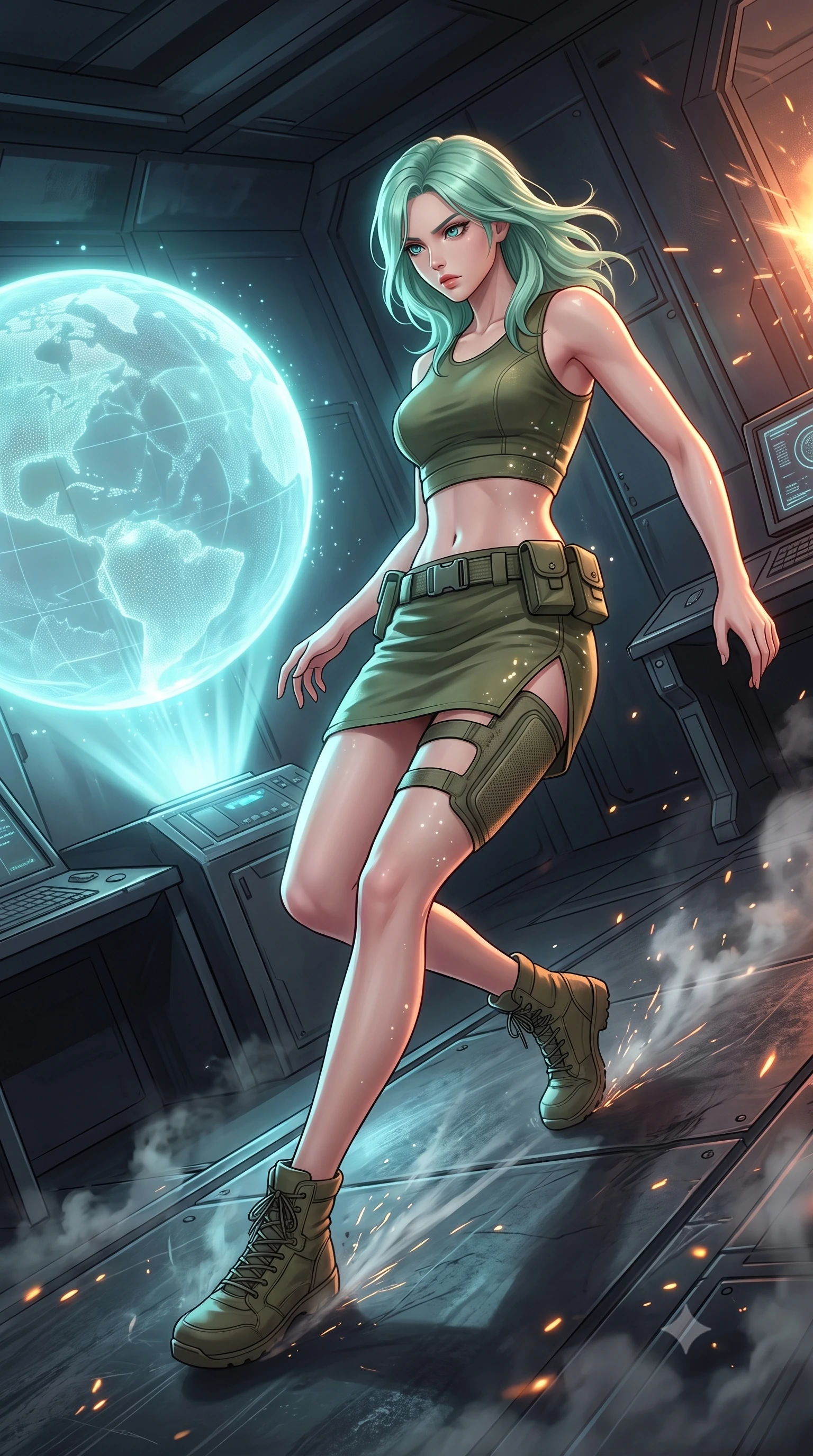 score_9, masterpiece, best quality, ultra-detailed, high-budget anime keyframe, editorial fashion photography, tasteful artistic composition, Japanese woman. low angle full-body shot from head to toe showing her feet, filling the entire 9:16 vertical frame with her statuesque presence, stretching her vertical silhouette. skidding across a metal flight deck as the starship tilts violently during battle inside a secure bunker containing the controls for a planetary shield, a holographic projection of the shield dome flickering. She has a statuesque 8.5-heads proportion, an exceptionally tall, slender and willowy model-like build with impossibly long legs and a highly sculpted ultra-slim waist. sharp v-shaped jawline, high-bridge nose, intricate jewel-like eyes with depth, thick eyelashes, glossy lips with a natural sheen. wearing catching and diffusing the glowing particles, shimmering softly in response to the surrounding light, a body-hugging tactical spy crop top in olive green, paired with a low-rise matching mini skirt featuring a high side thigh slit. highly saturated vibrant anime colors, intense vivid color palette, soft 3D volumetric shading, volumetric dynamic lighting, soft cyan light from the shield hologram illuminating the dark metallic walls. 2k, ultra detail, master piece, 9:16 ratio