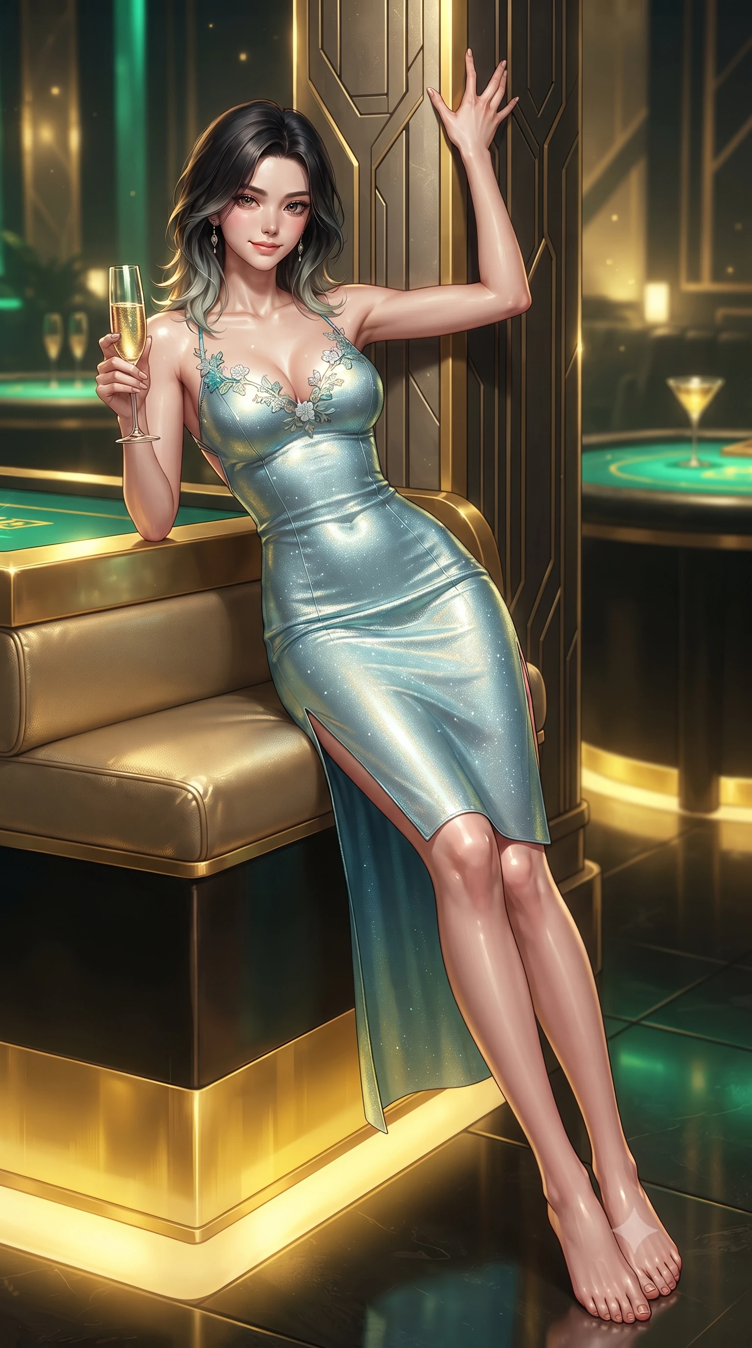 score_9, masterpiece, best quality, ultra-detailed, high-budget anime keyframe, editorial fashion photography, tasteful artistic composition, Korean woman. low angle full-body shot from head to toe showing her feet, filling the entire 9:16 vertical frame with her statuesque presence, stretching her vertical silhouette. standing tall beside the architectural column, one hand resting high while arching her lower back to emphasize her sculpted feminine hips and slender waist while lounging in the gold-trimmed VIP banquette propped on one elbow, holding a champagne flute with effortless sovereign gambler cool. The background shows a soft-focus high-roller cocktail tables softened in opulent cyberpunk shallow focus. She has an absolutely perfect, statuesque 8.5-heads proportion, an exceptionally tall and slender model-like female figure with impossibly long slender legs, an ultra-slim waist, a flat toned midriff, narrow delicate ribcage, and beautifully sculpted feminine hips creating a graceful, slim hourglass silhouette without any bulky heaviness. sharp v-shaped jawline, high-bridge nose, sparkling eyes with hypnotic seductive depth, thick curled eyelashes, glossy parted lips with a natural dewy peach sheen, alluring bedroom-eyes with an enchanting coquettish smile, exuding magnetic siren charisma and sophisticated glamour, flawlessly proportioned anatomical accuracy, strict slender model proportions, natural body alignment, perfectly sculpted long slender limbs, ultra-slim waistline, clean dynamic posture without body distortion. wearing a form-contouring metallic lamé slip dress clinging like a second skin with hip-high side slits and open criss-cross back in celestial water-lily white and shimmering aquamarine, woven from stretch metallic lurex jersey casting radiant starlight glints across her silhouette, finished with delicate floral vine embroidery tracing along her sweetheart neckline with intimate elegance, the liquid-tight tailored fabric clinging flawlessly to her narrow waist and rounded feminine hips, emphasizing every millimeter of her sculpted slim hourglass curves without any bulky heaviness. bathed in intense gold and emerald illumination radiating from under-lit gaming tables. ultra-reflective glossy finish, specular highlights, rich textural contrasts, high-contrast stereoscopic depth, volumetric dynamic lighting, 2k, ultra detail, master piece, 9:16 ratio