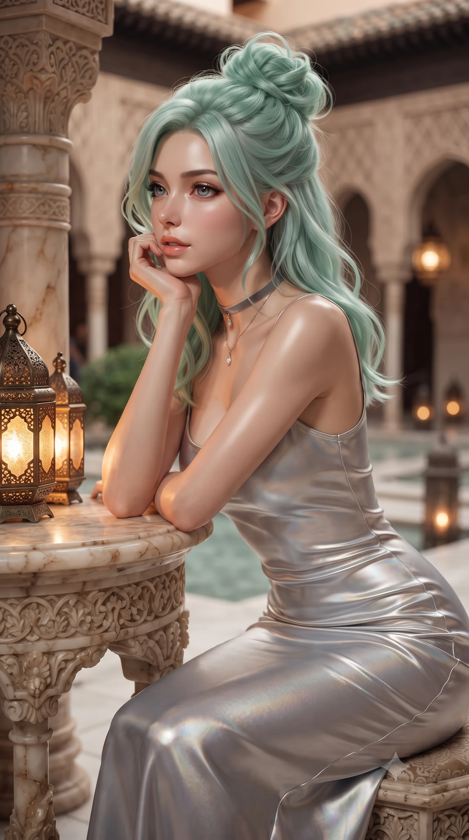 score_9, masterpiece, best quality, ultra-detailed, high-budget anime keyframe, editorial fashion photography, tasteful artistic composition, Japanese woman. close-up cowboy shot from the waist and thighs up, the character dominates the composition, filling the frame with her large presence. resting one elbow on the table and supporting her chin, leaning close to the camera with heavy-lidded sparkling eyes and parted lips while leaning against the carved alabaster arcade pillar with hips cocked back, looking across the tranquil central courtyard with heavy-lidded bedroom-eyes. The background shows a soft-focus delicate carved geometric stucco lattices softened in historic Moorish palace shallow focus. She has an exceptionally elegant, slender, and willowy female figure with an ultra-slim waist, flat toned midriff, narrow ribcage, and sculpted feminine hips creating an alluring, slim hourglass silhouette without bulk. sharp v-shaped jawline, high-bridge nose, intricate jewel-like sparkling eyes with depth, thick eyelashes, glossy parted lips with a natural peach sheen, bright cheerful beaming smile with an enchanting and coquettish sensual glint, exuding both youthful cute charm and seductive allure, flawlessly proportioned anatomical accuracy, strict slender model proportions, natural body alignment, perfectly sculpted long slender limbs, ultra-slim waistline, clean dynamic posture without body distortion. wearing a glove-like stretch modal tank dress adhering tightly to her flat midriff and feminine hips in liquid molten silver and iridescent mother-of-pearl, crafted from fluid liquid silk satin that clings smoothly to her narrow waist and rounded hips with a dewy sheen, finished with a thin velvet ribbon choker and a single teardrop diamond pendant, the glove-like clinging cut tightly following the natural contour of her hips and long slender legs with youthful 8.5-heads elegance. bathed in the warm radiant 2600K amber illumination of antique pierced brass lanterns dimmed to an intimate evening glow. ultra-reflective glossy finish, specular highlights, rich textural contrasts, high-contrast stereoscopic depth, volumetric dynamic lighting, 2k, ultra detail, master piece, 9:16 ratio