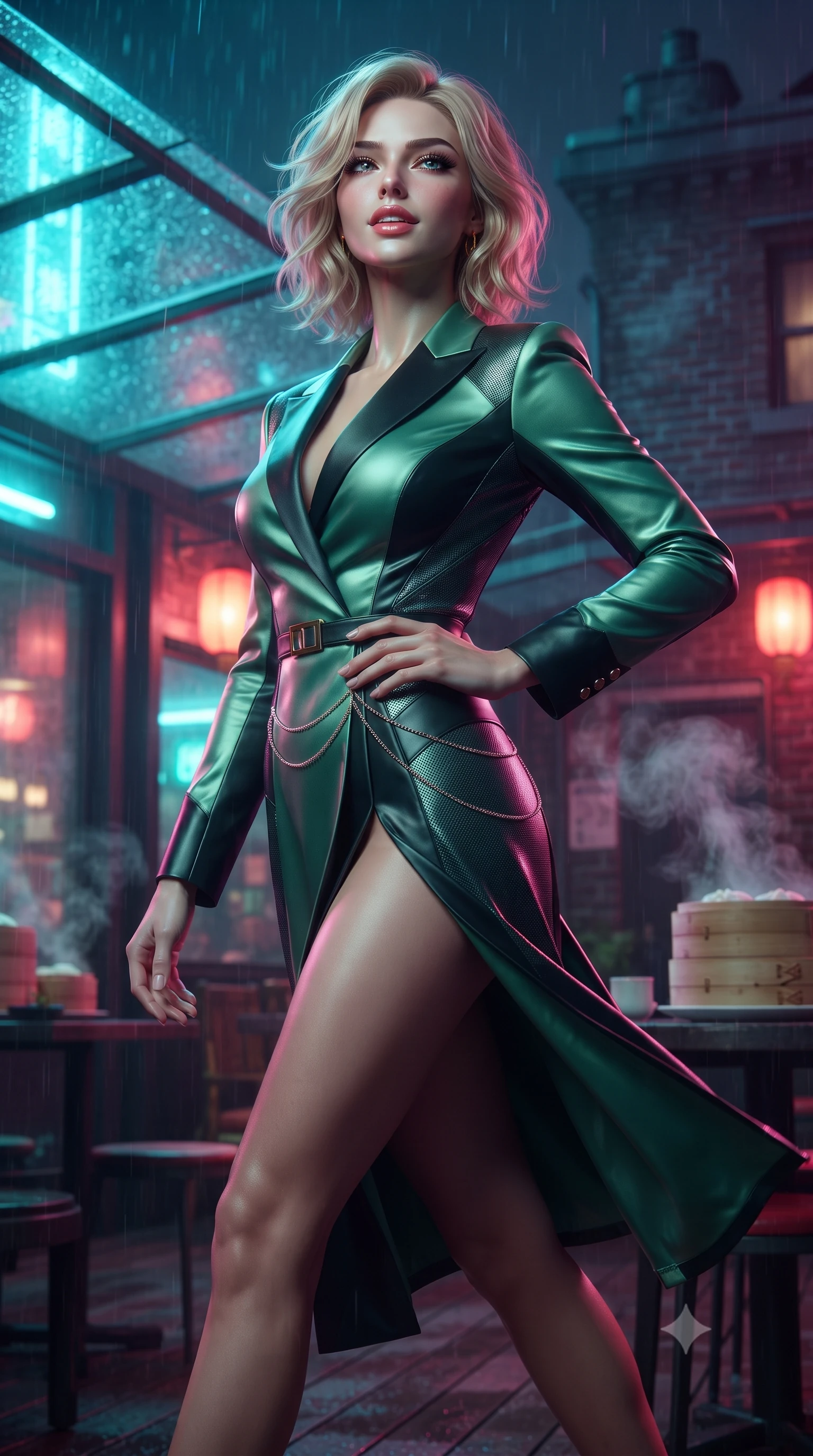 score_9, masterpiece, best quality, ultra-detailed, high-budget anime keyframe, editorial fashion photography, tasteful artistic composition, Caucasian woman. close-up cowboy shot from the waist and thighs up, the character dominates the composition, filling the frame with her large presence. tilting her chin up with proud, sovereign allure while gazing through thick eyelashes, one hand resting on her waist in pure supermodel charisma while striding across the neon-drenched rooftop deck as steam curls from dim sum bamboo steamers, her high-slit dress fluttering to reveal her long slender legs. The composition keeps background elements in soft focus with creamy bokeh. rain-streaked glass awnings and weathered brick penthouse facades softened in moody cinematic focus. She has an exceptionally elegant, slender, and willowy female figure with an ultra-slim waist, a gracefully sculpted slender torso, toned flat midriff, and rounded feminine hips creating an alluring hourglass silhouette. sharp v-shaped jawline, high-bridge nose, intricate jewel-like eyes with depth, thick eyelashes, glossy parted lips with a natural sheen, intensely captivating and seductive bedroom-eyes expression, flawlessly proportioned anatomical accuracy, strict slender model proportions, natural body alignment, perfectly sculpted long slender limbs, ultra-slim waistline, clean dynamic posture without body distortion. wearing a tailored satin tuxedo jacket dress with mandarin lapels and a slim gold-buckle belt in jade green and dark obsidian, crafted from flexible reflective spandex and tactical webbing, complemented by a delicate metallic hip chain catching the neon rain caustics, the precision-cut side openings and low-back scoop framing her graceful spine and the sensual sweep of her hips. bathed in vibrant magenta and electric cyan neon light contrasting with warm lantern scarlet downlights. ultra-reflective glossy finish, specular highlights, rich textural contrasts, high-contrast stereoscopic depth, volumetric dynamic lighting, 2k, ultra detail, master piece, 9:16 ratio