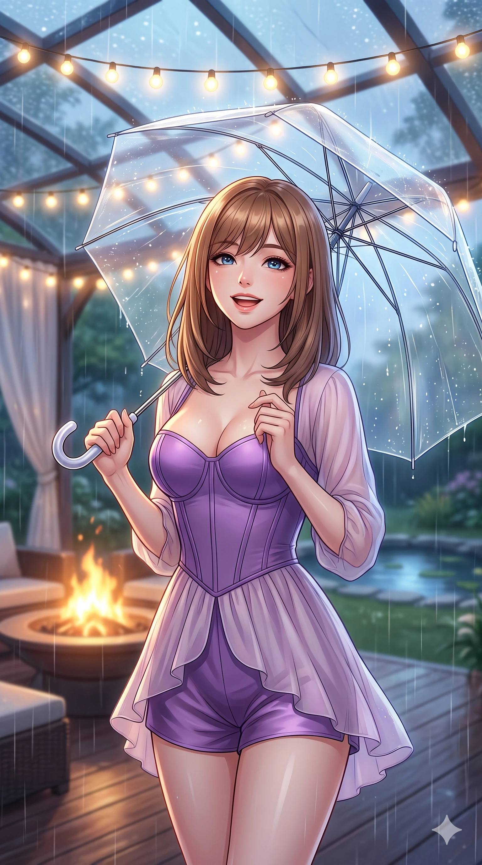 score_9, masterpiece, best quality, ultra-detailed, high-budget anime keyframe, vibrant anime aesthetic, Korean woman. close-up cowboy shot from the waist and thighs up, the character dominates the composition, filling the frame with her large presence, background elements kept in soft focus. She is holding a clear umbrella, looking up with a bright, joyful expression, gazing warmly at the viewer with a captivating and confident presence. the background shows a soft-focus private terrace with a warm outdoor fire pit, under a translucent canopy during a cool rain shower (Code-P22-167). She has an absolutely perfect proportion, an exceptionally elegant and slender female figure with an ultra-slim waist. V-shaped jawline, high-bridge nose, intricate jewel-like eyes with depth, thick eyelashes, glossy lips with a natural sheen. wearing a custom structured bodice combined with a delicate chiffon cover-up and shorts in amethyst purple and silk overlays. She is lit by warm, glowing fairy lights strung across the glass conservatory roof, casting clean highlights that trace her slim waist by the quiet garden pond. 2k, ultra detail, master piece, 9:16 ratio