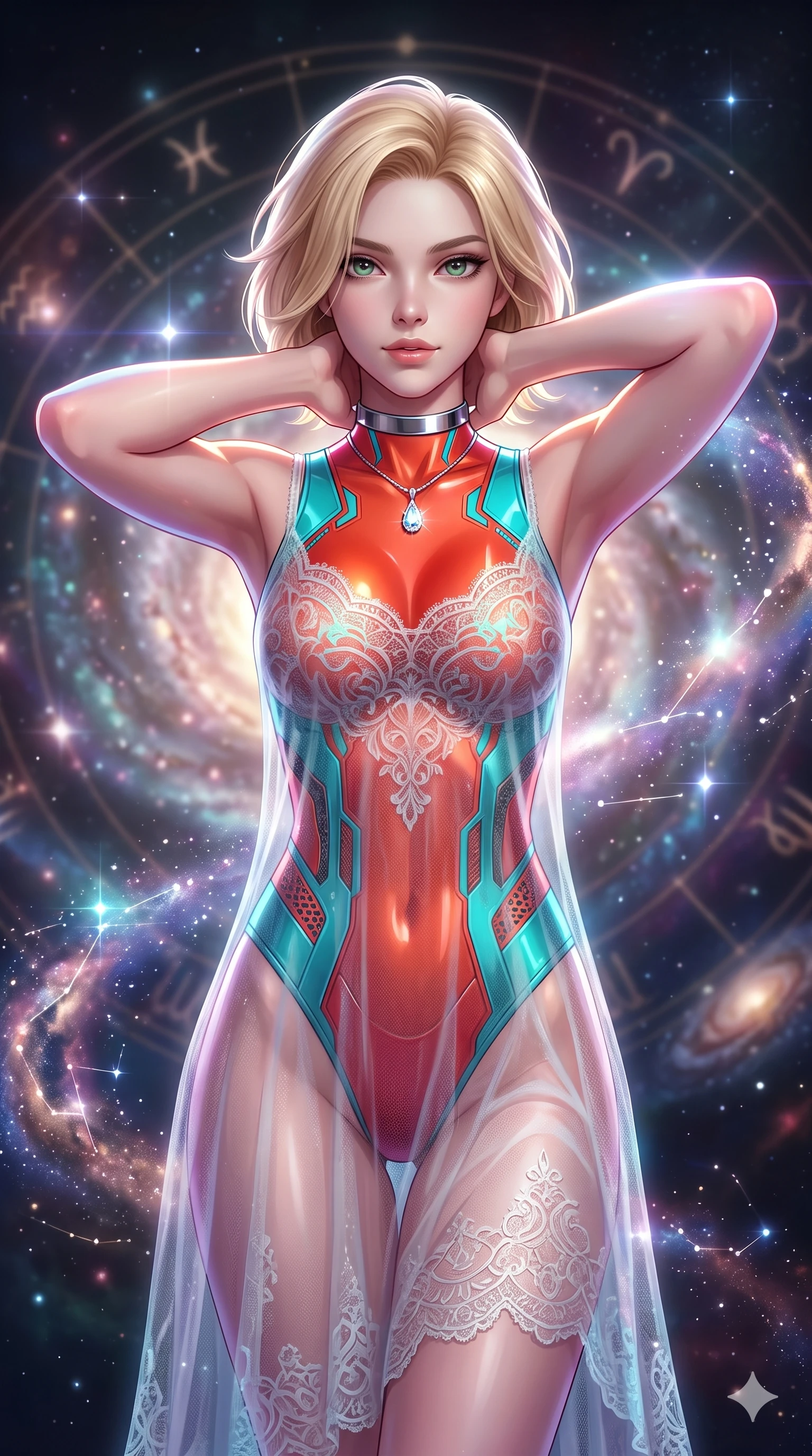 score_9, masterpiece, best quality, ultra-detailed, high-budget anime keyframe, semi-realistic 3D game render, editorial fashion photography, tasteful artistic composition, Caucasian woman. close-up cowboy shot from the waist and thighs up, the character dominates the composition, filling the frame with her large presence. resting both hands lightly behind her neck with elbows raised, arching her spine to highlight her narrow waist, flat midriff, and breathtaking collarbones while twisting her slender torso in an alluring contrapposto stance, cosmic galaxy dust and constellation rays wrapping around her narrow waist and curvy hips. The background shows a soft-focus nebula ionization haze softened in cosmic zodiac dial sanctuary shallow focus. She has an exceptionally elegant, slender, and willowy female figure with an ultra-slim waist, flat toned midriff, narrow ribcage, and sculpted feminine hips creating an alluring, slim hourglass silhouette without bulk. sharp v-shaped jawline, high-bridge nose, intricate jewel-like sparkling eyes with depth, thick eyelashes, glossy parted lips with a natural peach sheen, bright cheerful beaming smile with an enchanting and coquettish sensual glint, exuding both youthful cute charm and seductive allure, flawlessly proportioned anatomical accuracy, strict slender model proportions, natural body alignment, perfectly sculpted long slender limbs, ultra-slim waistline, clean dynamic posture without body distortion. wearing a semi-opaque sheer overlay dress worn over a leather micro-bodysuit with high-cut leg openings in cyber-shinto vermilion and laser turquoise, made of delicate semi-sheer French Chantilly lace with intricate eyelash edges, finished with a minimalist chrome choker and a single teardrop diamond pendant, the liquid-tight tailored fabric clinging flawlessly to her narrow waist and rounded feminine hips, emphasizing every millimeter of her sculpted slim hourglass curves without any bulky heaviness. bathed in the glowing multi-hued radiance of the spiral nebula mixed with crisp white celestial starlight. highly saturated vibrant anime colors, detailed shading with soft gradients, rich glossy textures, high-contrast stereoscopic depth, volumetric dynamic lighting, master piece, 9:16 ratio