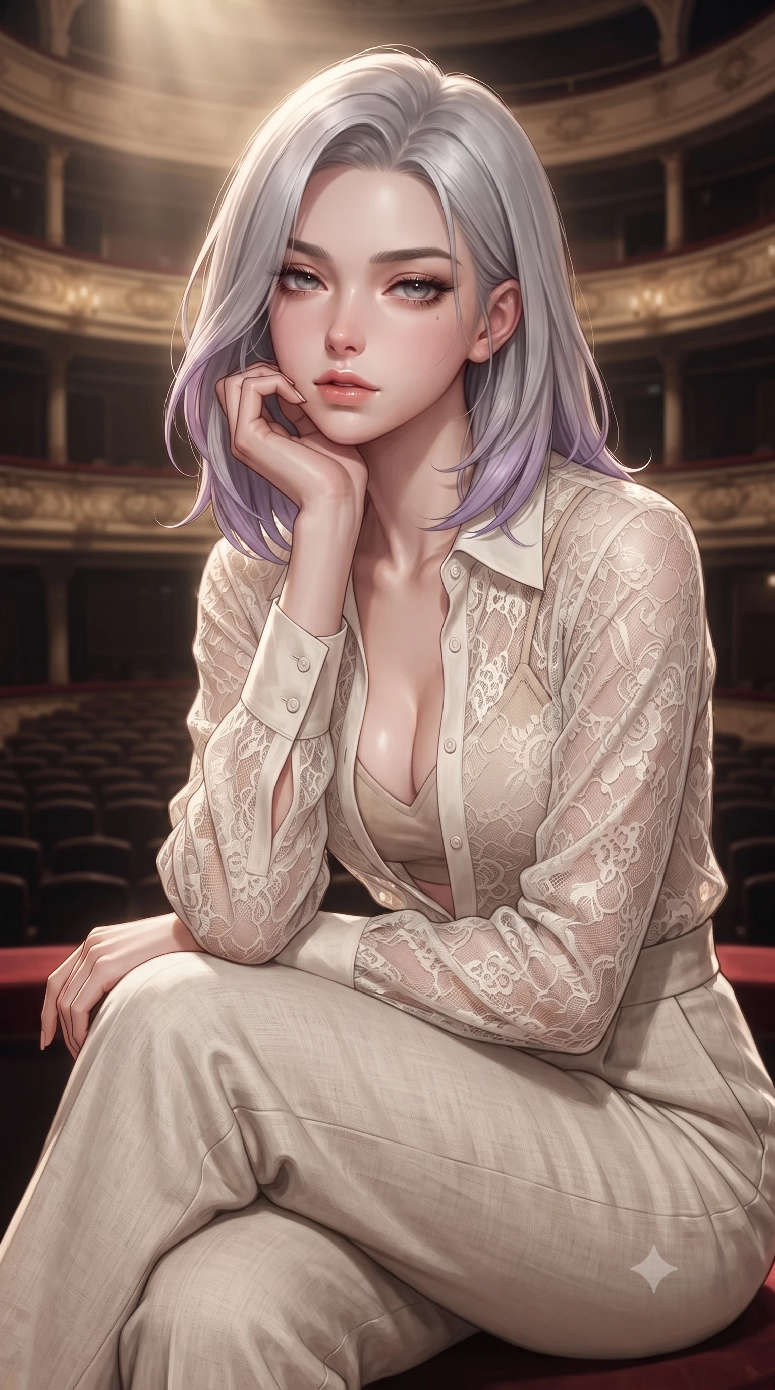 score_9, masterpiece, best quality, ultra-detailed, high-budget anime keyframe, editorial fashion photography, tasteful artistic composition, Caucasian woman. close-up cowboy shot from the waist and thighs up, the character dominates the composition, filling the frame with her large presence, background elements kept in soft focus. resting her chin on the backs of her fingers, casting a heavy-lidded, sultry look past the camera the background shows a soft-focus a private balcony alcove of a historic grand theater overlooking the empty orchestra pit. She has an exceptionally elegant, slender, and willowy female figure with an ultra-slim waist, a gracefully sculpted slender torso, and a refined silhouette. sharp v-shaped jawline, high-bridge nose, intricate jewel-like eyes with depth, thick eyelashes, glossy lips with a natural sheen. wearing a tailored sheer lace blouse in ivory white, worn over a simple beige bralette and high-waisted linen trousers. a single warm spotlight from the stage tracing her statuesque posture. ultra-reflective glossy finish, specular highlights, metallic sheen, high-contrast stereoscopic depth, volumetric dynamic lighting, 2k, ultra detail, master piece, 9:16 ratio