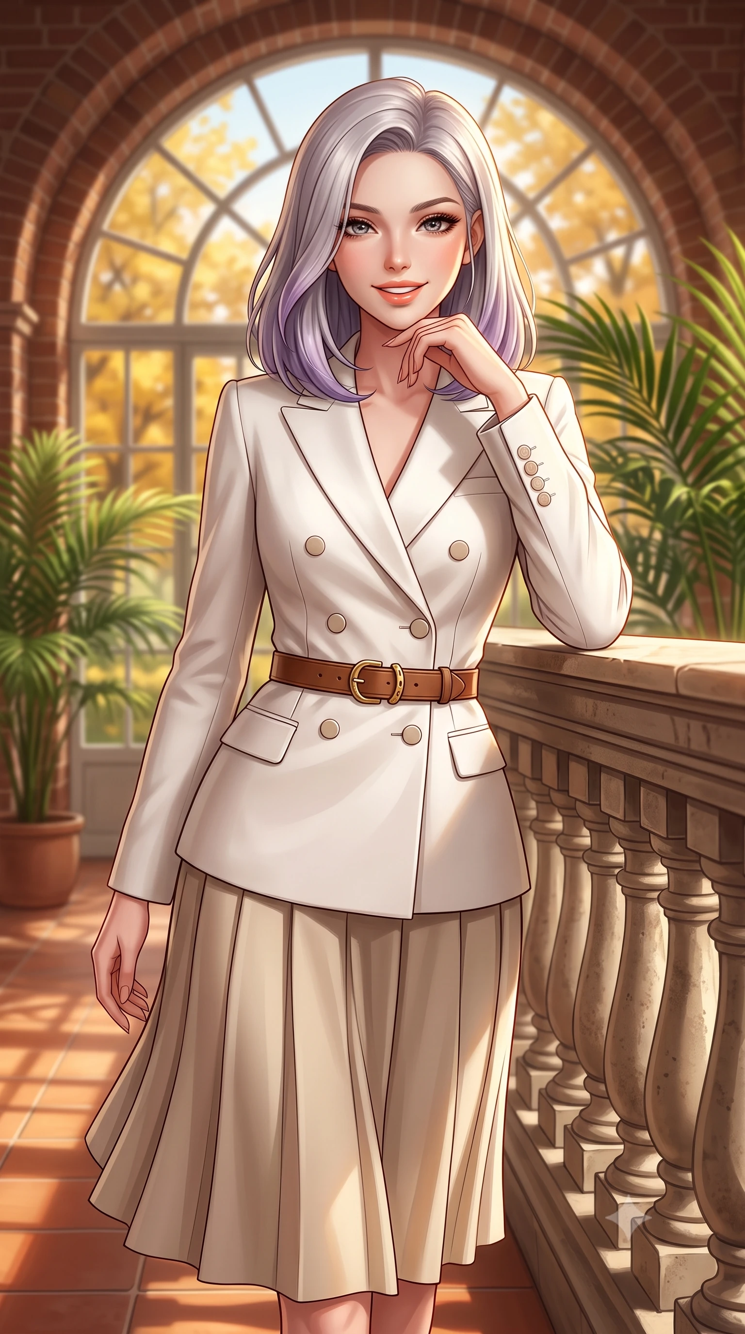 score_9, masterpiece, best quality, ultra-detailed, high-budget anime keyframe, semi-realistic 3D game render, editorial fashion photography, tasteful artistic composition, Caucasian woman. close-up cowboy shot from the waist and thighs up, the character dominates the composition, filling the frame with her large presence. resting one elbow on the stone balustrade, chin poised lightly on her hand with intelligent, charming warmth while walking along the sunny brick arched gallery, her wool pleated skirt swaying in graceful cadence with each step. The background shows a soft-focus arched multi-pane conservatory windows, lush potted palm fronds, and golden maple trees outside blurred into honey, terracotta, and olive bokeh. She has an exceptionally elegant, slender, and willowy female figure with an ultra-slim waist, flat toned midriff, narrow ribcage, and sculpted feminine hips creating an alluring, slim hourglass silhouette without bulk. sharp v-shaped jawline, high-bridge nose, intricate jewel-like sparkling eyes with depth, thick eyelashes, glossy parted lips with a natural peach sheen, bright cheerful beaming smile with an enchanting and coquettish sensual glint, exuding both youthful cute charm and seductive allure, flawlessly proportioned anatomical accuracy, strict slender model proportions, natural body alignment, perfectly sculpted long slender limbs, ultra-slim waistline, clean dynamic posture without body distortion. wearing a refined double-breasted wool gabardine pantsuit with clean minimalist tailoring and a concealed placket in Swiss alpine snow white and oat cashmere, made of crisp Egyptian cotton poplin with pristine tailored pressing, finished with a smooth equestrian bridle-leather belt with a polished brass horseshoe buckle, the streamlined silhouette following her natural slender proportions with sophisticated poise, enhancing her tall willowy presence. illuminated by terracotta floor reflection fill and warm golden rim lights defining her delicate collar and willowy silhouette. highly saturated vibrant anime colors, detailed shading with soft gradients, rich glossy textures, high-contrast stereoscopic depth, volumetric dynamic lighting, master piece, 9:16 ratio