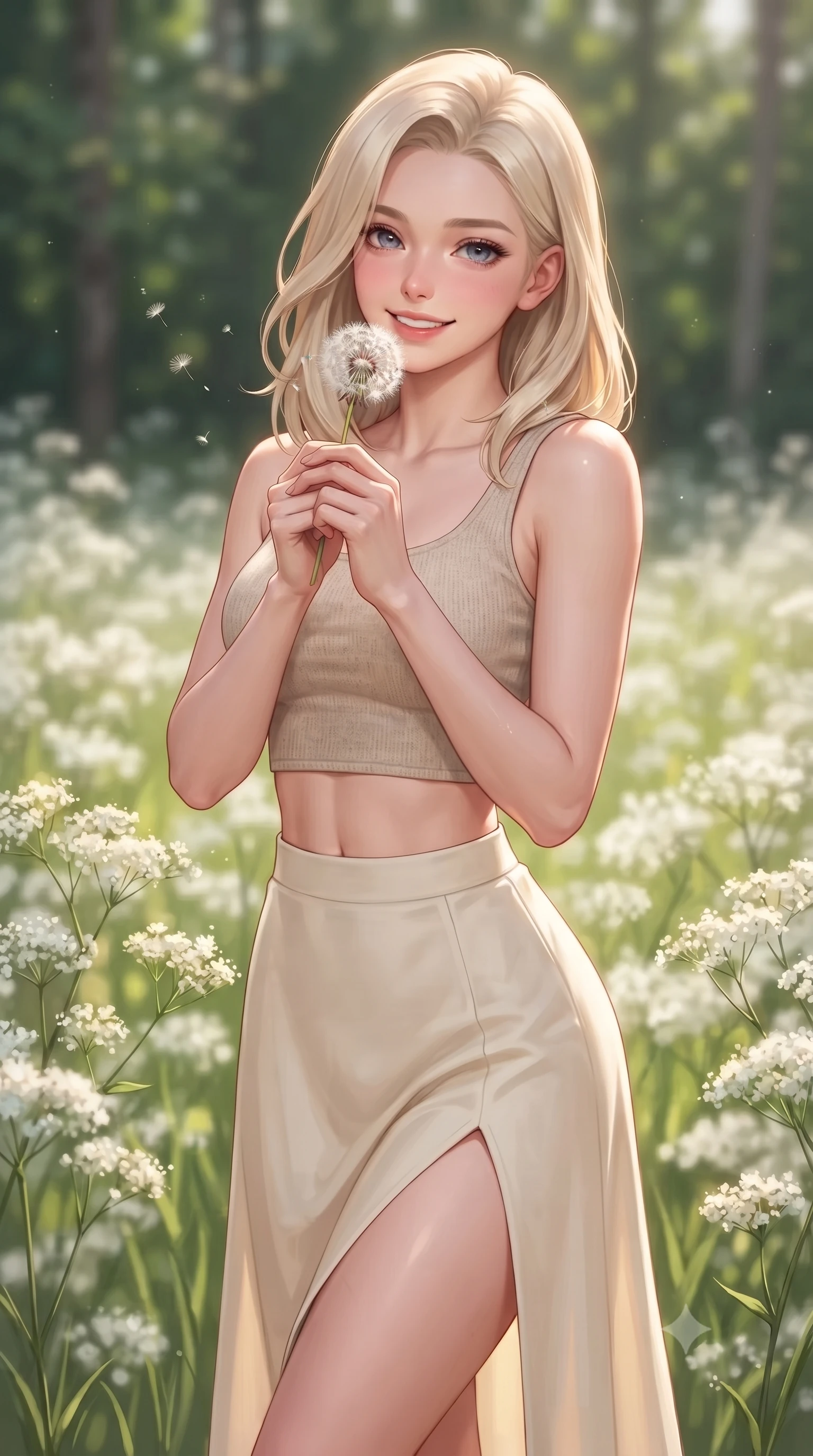 score_9, masterpiece, best quality, ultra-detailed, high-budget anime keyframe, editorial fashion photography, tasteful artistic composition, Caucasian woman. close-up cowboy shot from the waist and thighs up, the character dominates the composition, filling the frame with her large presence, background elements kept in soft focus. smiling warmly with a soft, affectionate expression, making cute eye contact set against a soft-focus background of on a scenic meadow filled with white baby's breath flowers near a forest holding a fluffy dandelion clock, ready to blow the seeds with a cute smile. She has an exceptionally elegant, slender, and willowy female figure with an ultra-slim waist, a gracefully sculpted slender torso, and a refined silhouette. sharp v-shaped jawline, high-bridge nose, intricate jewel-like eyes with depth, thick eyelashes, glossy lips with a natural sheen. wearing form-contouring crop top in oatmeal knit paired with a flowy midi skirt featuring a high side slit. warm morning sunbeams creating fresh dewdrop glints on the flower petals. highly saturated vibrant anime colors, detailed shading with soft gradients, rich glossy textures, high-contrast stereoscopic depth, volumetric dynamic lighting, master piece, 9:16 ratio