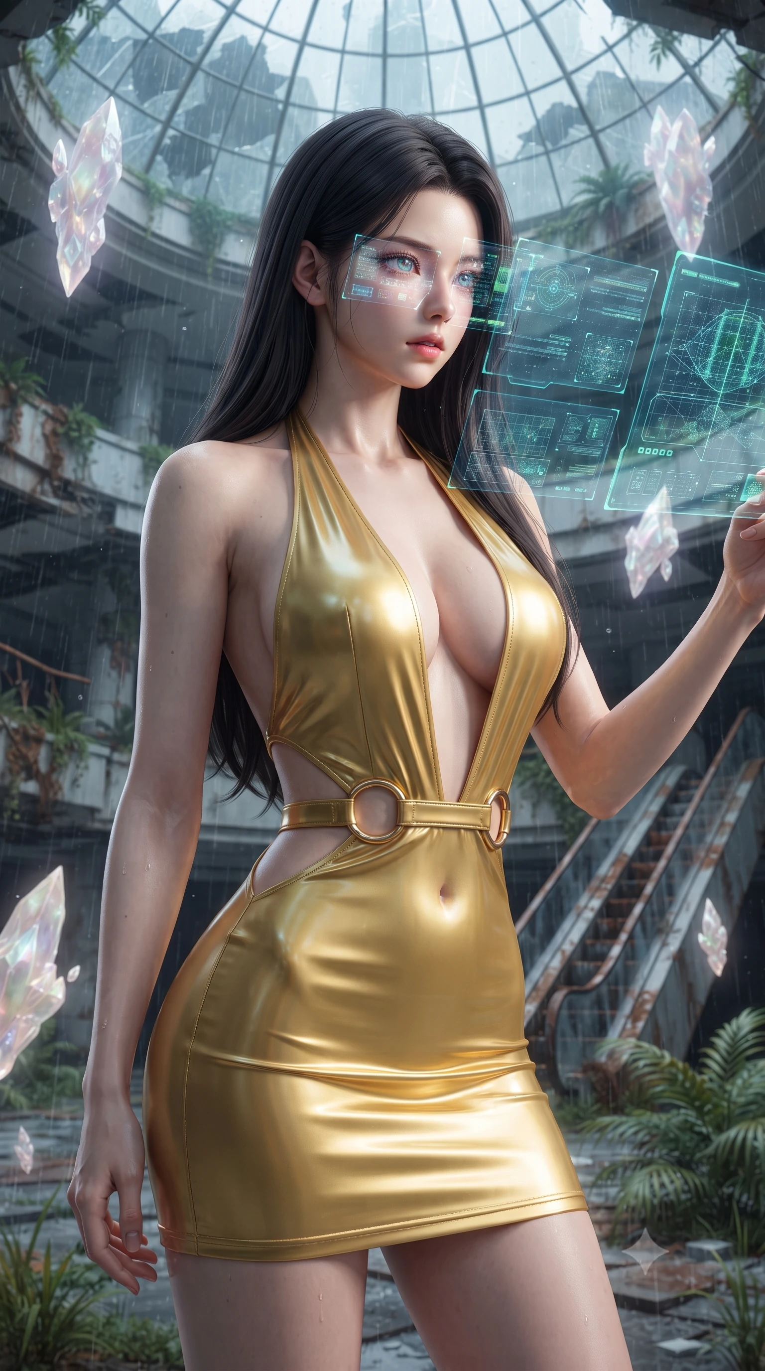 score_9, masterpiece, best quality, ultra-detailed, high-budget anime keyframe, editorial fashion photography, tasteful artistic composition, realistic cosplay photography, Korean woman. close-up cowboy shot from the waist and thighs up, the character dominates the composition, filling the frame with her large presence, background elements kept in soft focus. Scanning the digital tactical security grid with a fierce focused gaze, hologram overlays reflecting in her eyes. set against a soft-focus background of a massive ruined arcology atrium, the glass dome shattered and rain falling on rusted escalators and overgrown tropical weeds. She has an exceptionally elegant and slender, willowy female figure with an ultra-slim waist, a gracefully sculpted slender torso, and a refined slim physique. sharp v-shaped jawline, high-bridge nose, intricate jewel-like eyes with depth, thick eyelashes, glossy lips with a natural sheen. wearing tailored for maximum mobility, sleek form-contouring panels that allow fluid movement, a slim-fit backless halter mini dress in liquid yellow gold, featuring a plunging front cutout and gold rings at her waist. ethereal pearlescent light emanating from floating crystalline formations all around. ultra-reflective glossy finish, specular highlights, metallic sheen, high-contrast stereoscopic depth, volumetric dynamic lighting, 2k, ultra detail, master piece, 9:16 ratio