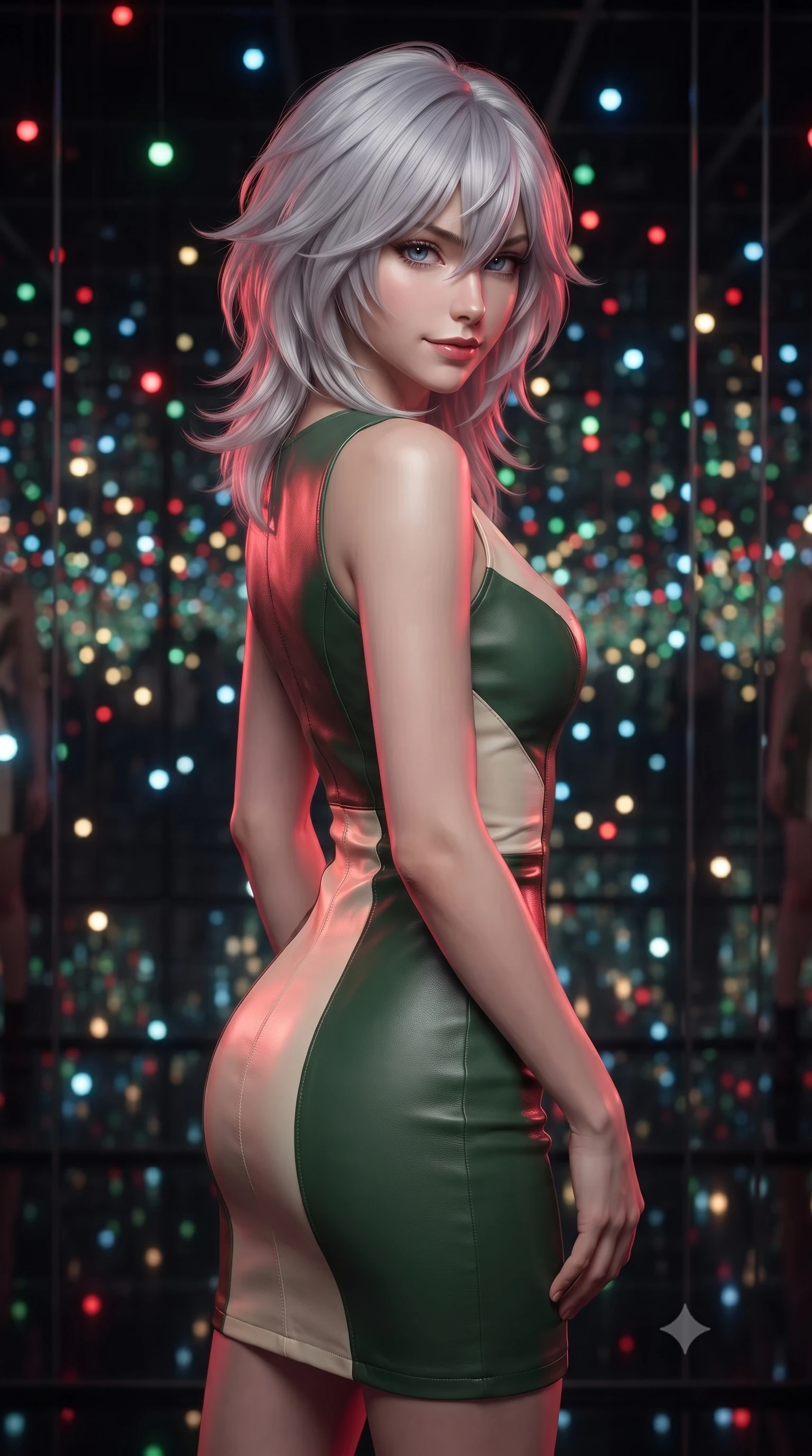 score_9, masterpiece, best quality, ultra-detailed, high-budget anime keyframe, editorial fashion photography, tasteful artistic composition, Japanese woman. close-up cowboy shot from the waist and thighs up, the character dominates the composition, filling the frame with her large presence, background elements kept in soft focus. Glancing sidelong over her shoulder with a smoldering half-smile. set against a soft-focus background of inside an art installation of floor-to-ceiling mirrors on all six surfaces with thousands of LED points suspended at different depths creating the illusion of floating in an infinite field of colored stars. She has an exceptionally elegant and slender, willowy female figure with an ultra-slim waist, a gracefully sculpted slender torso, and a refined slim physique. sharp v-shaped jawline, high-bridge nose, intricate jewel-like eyes with depth, thick eyelashes, glossy lips with a natural sheen. wearing a fitted pencil dress in color-blocked forest green and cream leather, contouring her athletic, slender build. deep crimson theatrical lighting with sharp specular highlights on every curve. 2k, ultra detail, master piece, 9:16 ratio