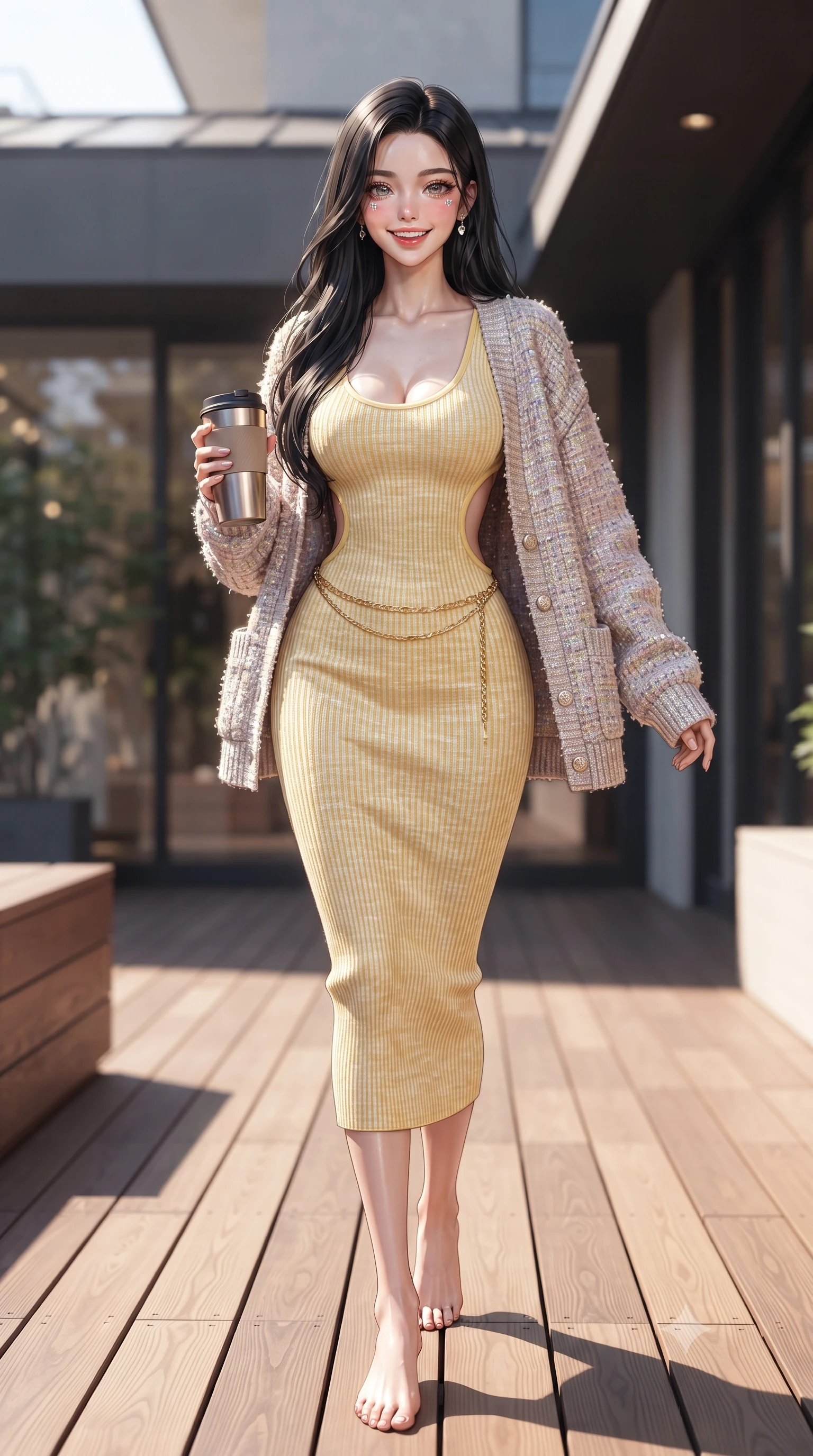 score_9, masterpiece, best quality, ultra-detailed, high-budget anime keyframe, editorial fashion photography, tasteful artistic composition, Korean woman. low angle full-body shot from head to toe showing her feet, filling the entire 9:16 vertical frame with her statuesque presence, stretching her vertical silhouette. stepping forward gracefully in mid-motion with a radiant beaming smile, hips swaying in an alluring kinetic rhythm that accentuates her curvy hourglass silhouette and long slender legs while standing poised on the sunlit timber deck with a coffee tumbler in hand, twisting her slender torso in an alluring contrapposto stance. The surrounding environment is rendered in vivid detail and crisp panoramic clarity. detailed knit cardigan texture, soft sunlight highlights on skin, and Daikanyama architecture clarity in high resolution. She has an exceptionally tall and slender model-like 8.5-heads proportion, an ultra-slim waist, a flat toned midriff, narrow delicate ribcage, and beautifully sculpted feminine hips creating a graceful, slim hourglass silhouette without any bulky heaviness, with impossibly long slender legs. sharp v-shaped jawline, high-bridge nose, intricate jewel-like sparkling eyes with depth, thick eyelashes, glossy parted lips with a natural peach sheen, bright cheerful beaming smile with an enchanting and coquettish sensual glint, exuding both youthful cute charm and seductive allure, flawlessly proportioned anatomical accuracy, strict slender model proportions, natural body alignment, perfectly sculpted long slender limbs, ultra-slim waistline, clean dynamic posture without body distortion. wearing a form-contouring ribbed knit bodycon midi dress with an open back scoop descending to the base of her spine in bright butter yellow and fresh cream white, tailored from soft pastel tweed with subtle metallic shimmer, accented with a delicate gold chain belt resting loosely on her curvy hips, the precision-cut side openings and low-back scoop framing her graceful spine and the sensual sweep of her slim, toned hips. illuminated by warm wooden deck bounce light sculpting her razor-sharp jawline, narrow waist, and curvy hips. ultra-reflective glossy finish, specular highlights, rich textural contrasts, high-contrast stereoscopic depth, volumetric dynamic lighting, 2k, ultra detail, master piece, 9:16 ratio