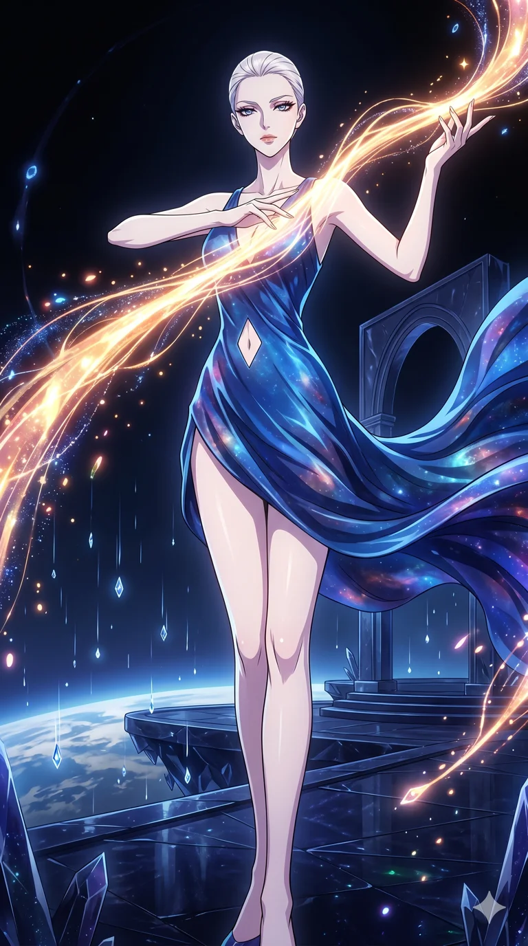 score_9, masterpiece, best quality, ultra-detailed, High-budget Anime Keyframe, vibrant colors, fluid line-art, expressive lighting, cinematic composition, Ufotable-style visual effects, top-tier animation quality, Caucasian woman with pale skin and refined features. Medium shot from the thighs up, her commanding presence occupying two-thirds of the frame. Guiding a stream of molten starlight through a dark, sound-sensitive void. She has an absolutely perfect 8-heads proportion, an exceptionally tall and slender female figure with impossibly long slender legs and an ultra-slim waist, her statuesque height and towering silhouette dominating the vertical 9:16 frame. Her face is a masterpiece featuring a sharp v-shaped jawline, high-bridge nose, intricate jewel-like eyes with depth, thick eyelashes, and glossy lips with a natural sheen. She is wearing a Flowing silk gown that ripples like liquid, featuring a small diamond-shaped cutout at the navel. The scene is set in a celestial terrace overlooking a planet where it rains liquid diamonds. 2k, ultra detail, master piece, 9:16 ratio
