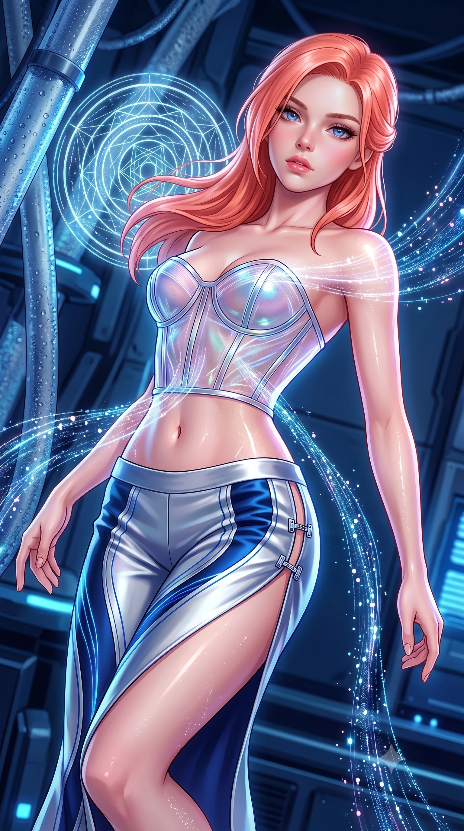 score_9, masterpiece, best quality, ultra-detailed, high-budget anime keyframe, semi-realistic 3D game render, editorial fashion photography, tasteful artistic composition, Japanese woman. close-up cowboy shot from the waist and thighs up, the character dominates the composition, filling the frame with her large presence. looking into the camera lens with intense, captivating depth, softly parted glossy lips and thick eyelashes framing her ethereal gaze while arching her back gracefully in zero-gravity as streams of illuminated data particles trace her sculpted flat midriff and torso. The surrounding environment is rendered in vivid detail and crisp panoramic clarity. crisp holographic geometric mandala glyphs, cryo-pipe condensation beads, and deep blue LEDs in high clarity. She has an exceptionally elegant, slender, and willowy female figure with an ultra-slim waist, a gracefully sculpted slender torso, toned flat midriff, and a refined slim silhouette. sharp v-shaped jawline, high-bridge nose, intricate jewel-like eyes with depth, thick eyelashes, glossy lips with a natural sheen, flawlessly proportioned anatomical accuracy, strict slender model proportions, natural body alignment, perfectly sculpted long slender limbs, ultra-slim waistline, clean dynamic posture without body distortion. wearing a structured translucent cyber-corset paired with tailored high-fashion satin trousers that sharply cinch her ultra-slim waist in liquid platinum silver and deep sapphire blue LED filaments, crafted from delicate iridescent organza interwoven with luminescent micro-fibers, finished with an ultra-high side slit secured by miniature magnetic clasps, the precision-cut daring openings accentuating her delicate midriff, graceful bare collarbones, and ultra-slim feminine waistline. illuminated by sharp specular highlights tracing her ultra-slim waist, long legs, and sculpted collarbones. rich saturated anime colors with glowing neon highlights, detailed shading with soft gradients, rich glossy textures, high-contrast stereoscopic depth, volumetric dynamic lighting, master piece, 9:16 ratio