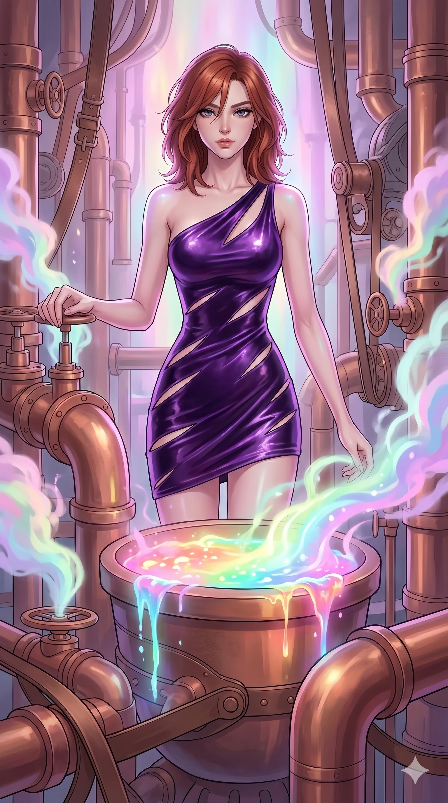 score_9, masterpiece, best quality, ultra-detailed, high-budget anime keyframe, Caucasian woman, strictly human ears. upper body close-up from the thighs up, character filling the screen for maximum presence. operating a steampunk aurora foundry surrounded by massive copper pipes and leather belts, where pastel aurora gas billows from valves and liquid rainbow energy boils in a crucible. She has an absolutely perfect 8-heads proportion, an exceptionally tall and slender female figure with impossibly long slender legs and an ultra-slim waist. V-shaped jawline, high-bridge nose, intricate jewel-like eyes with depth, thick eyelashes, glossy lips with a natural sheen.. wearing an asymmetric liquid velvet slip dress, featuring a wet-look deep purple velvet one-shoulder mini slip with slanted slashed cutouts. enhanced by a luminous pastel spectrum glow, casting elegant rim lights on her shoulders and jawline. 2k, ultra detail, master piece, 9:16 ratio