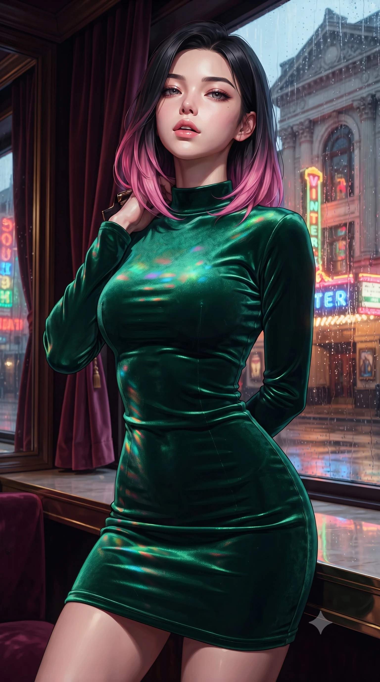 score_9, masterpiece, best quality, ultra-detailed, high-budget anime keyframe, editorial fashion photography, tasteful artistic composition, Korean woman. close-up cowboy shot from the waist and thighs up, the character dominates the composition, filling the frame with her large presence, background elements kept in soft focus. tilting her chin up slightly with lips parted in a composed, provocative expression the background shows a soft-focus a velvet-trimmed VIP suite overlooking a historic theater facade in the rain. She has an exceptionally elegant, slender, and willowy female figure with an ultra-slim waist, a gracefully sculpted slender torso, and a refined silhouette. sharp v-shaped jawline, high-bridge nose, intricate jewel-like eyes with depth, thick eyelashes, glossy lips with a natural sheen. wearing a form-contouring body-hugging emerald green velvet dress with a simple mock-neck collar. vibrant street neon lights reflecting off the wet windows onto her form. ultra-reflective glossy finish, specular highlights, metallic sheen, high-contrast stereoscopic depth, volumetric dynamic lighting, 2k, ultra detail, master piece, 9:16 ratio