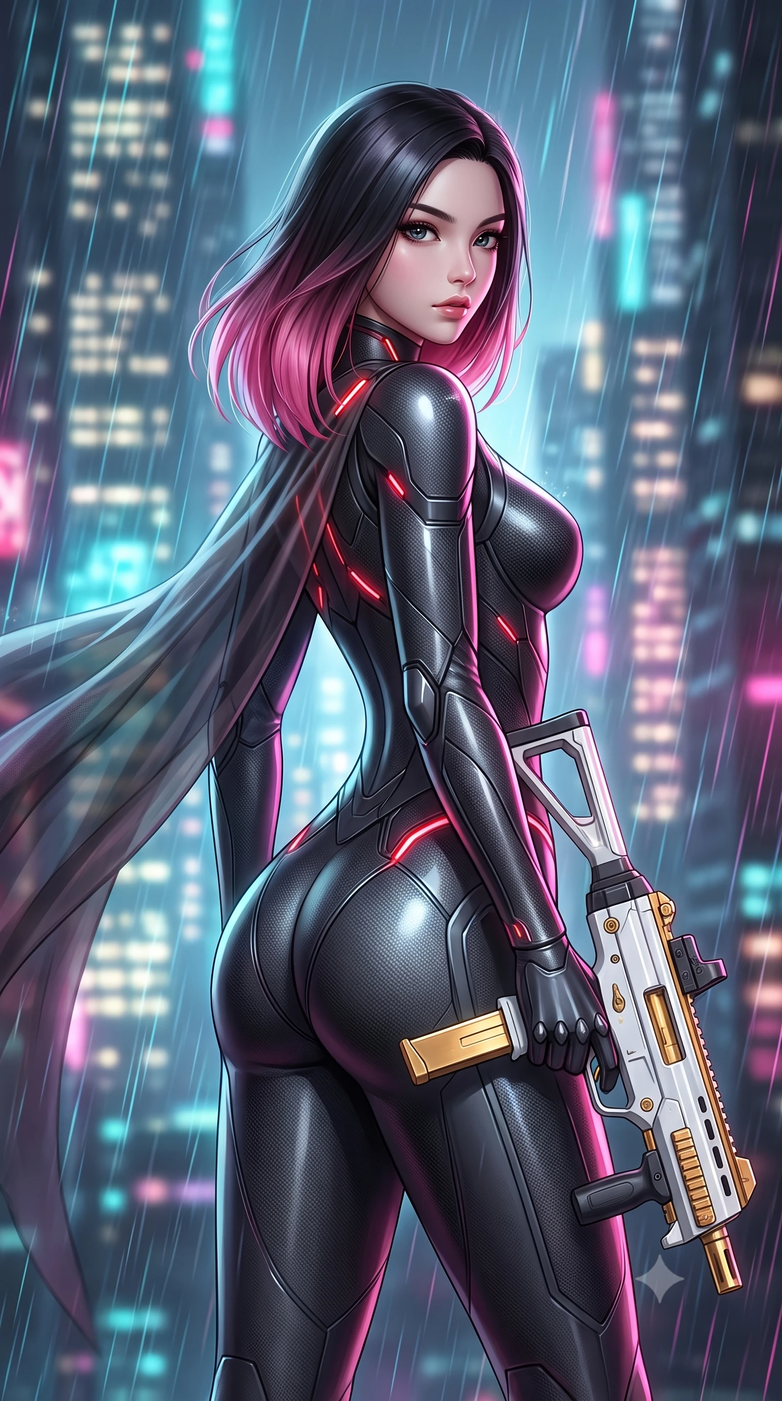 score_9, masterpiece, best quality, ultra-detailed, high-budget anime keyframe, semi-realistic 3D game render, editorial fashion photography, tasteful artistic composition, Korean woman. close-up cowboy shot from the waist and thighs up, the character dominates the composition, filling the frame with her large presence. stretching forward with an alluring arch of her spine, glancing over her shoulder with divine self-assurance and magnetic intensity while arching her spine in a fluid combat stance as high-altitude winds billow her sheer tactical cape against the glowing city skyline. The composition keeps background elements in soft focus with creamy bokeh. heavy neon rain streaks and distant skyscraper light grids blurred into dazzling cyan, magenta, and charcoal bokeh. She has an exceptionally elegant, slender, and willowy female figure with an ultra-slim waist, a gracefully sculpted slender torso, toned flat midriff, and a refined slim silhouette. sharp v-shaped jawline, high-bridge nose, intricate jewel-like eyes with depth, thick eyelashes, glossy lips with a natural sheen, flawlessly proportioned anatomical accuracy, strict slender model proportions, natural body alignment, perfectly sculpted long slender limbs, ultra-slim waistline, clean dynamic posture without body distortion. wearing a second-skin dark gunmetal carbon-weave battle-suit with crimson laser conduits, brandishing a sleek high-tech composite submachine weapon with effortless allure in arctic white carbon composite with radiant solar gold plating, made of liquid carbon-jersey fabric adhering flawlessly to her sculpted silhouette, accented with glowing fiber-optic conduits tracing her collarbones and hip curves, the form-contouring material adhering flawlessly to her sculpted flat midriff and slender torso, emphasizing her long leg lines and perfectly proportioned willowy build. illuminated by crisp white key lighting with sharp specular highlights tracing her sculpted carbon armor curves. rich saturated anime colors with glowing neon highlights, detailed shading with soft gradients, rich glossy textures, high-contrast stereoscopic depth, volumetric dynamic lighting, master piece, 9:16 ratio